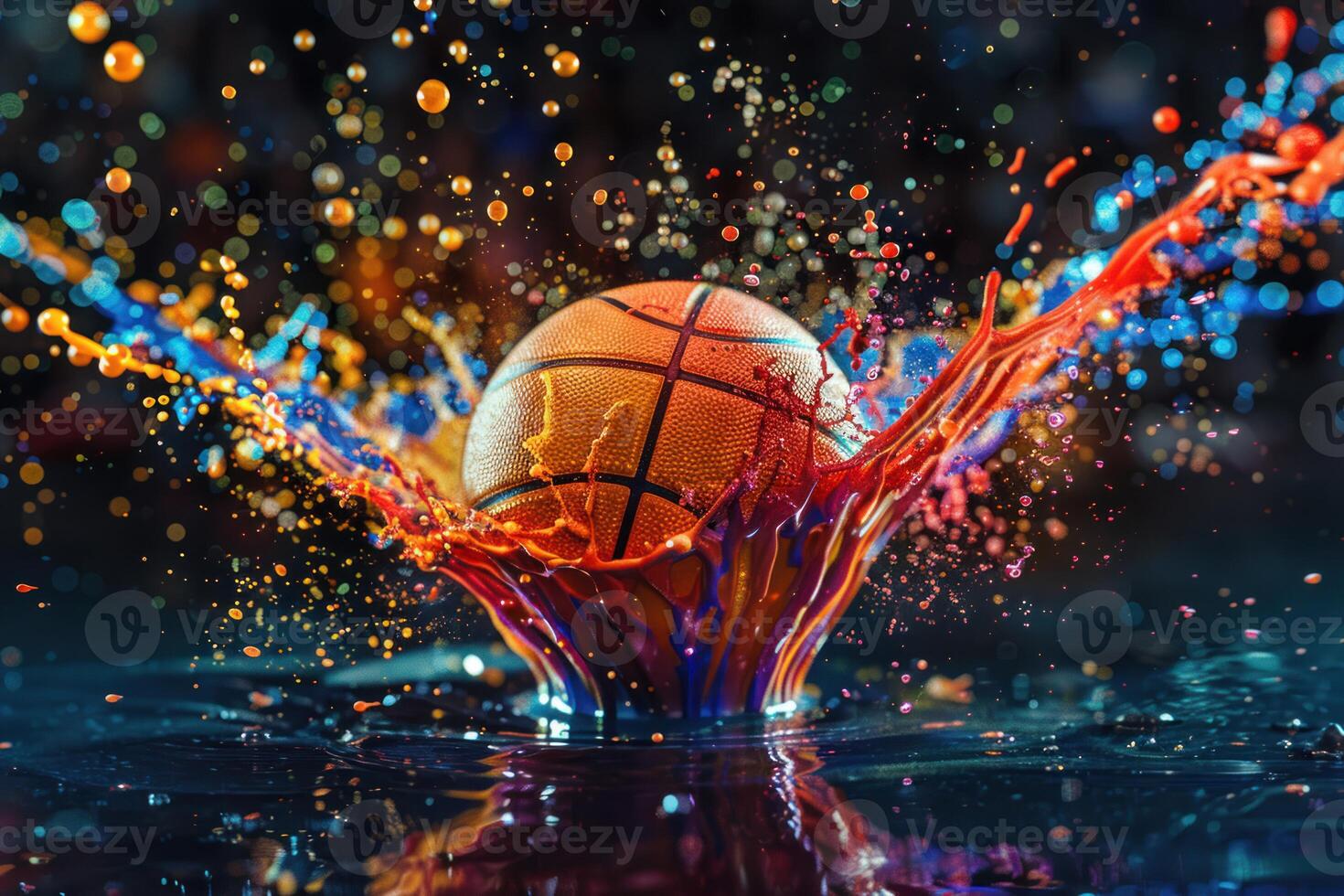 Dynamic basketball splash with colorful paint photo