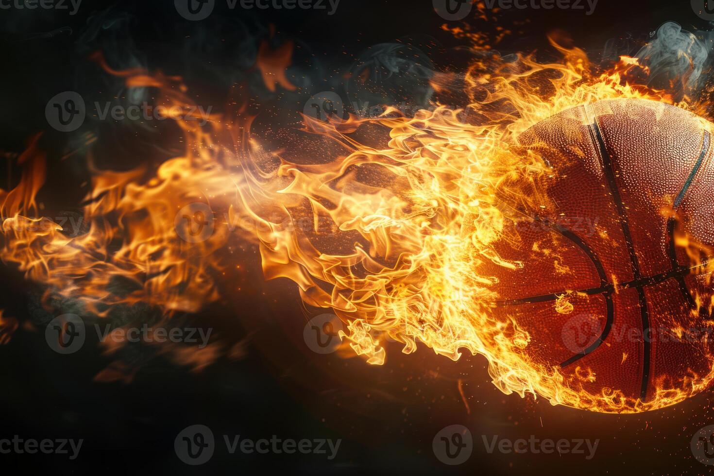 Dynamic image of a basketball engulfed in realistic flames against a dark background photo