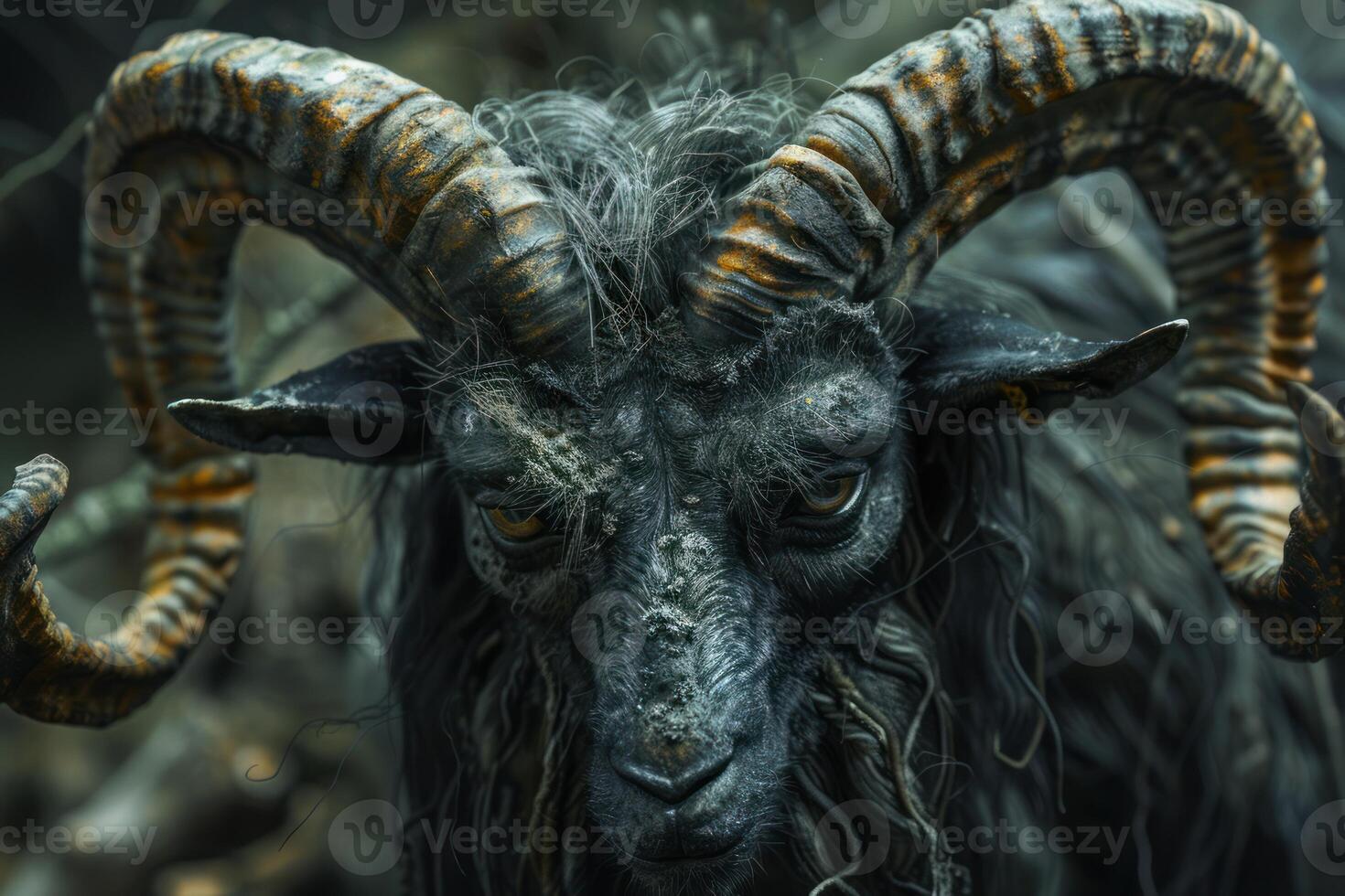 Majestic wild ram with curled horns in natural habitat photo