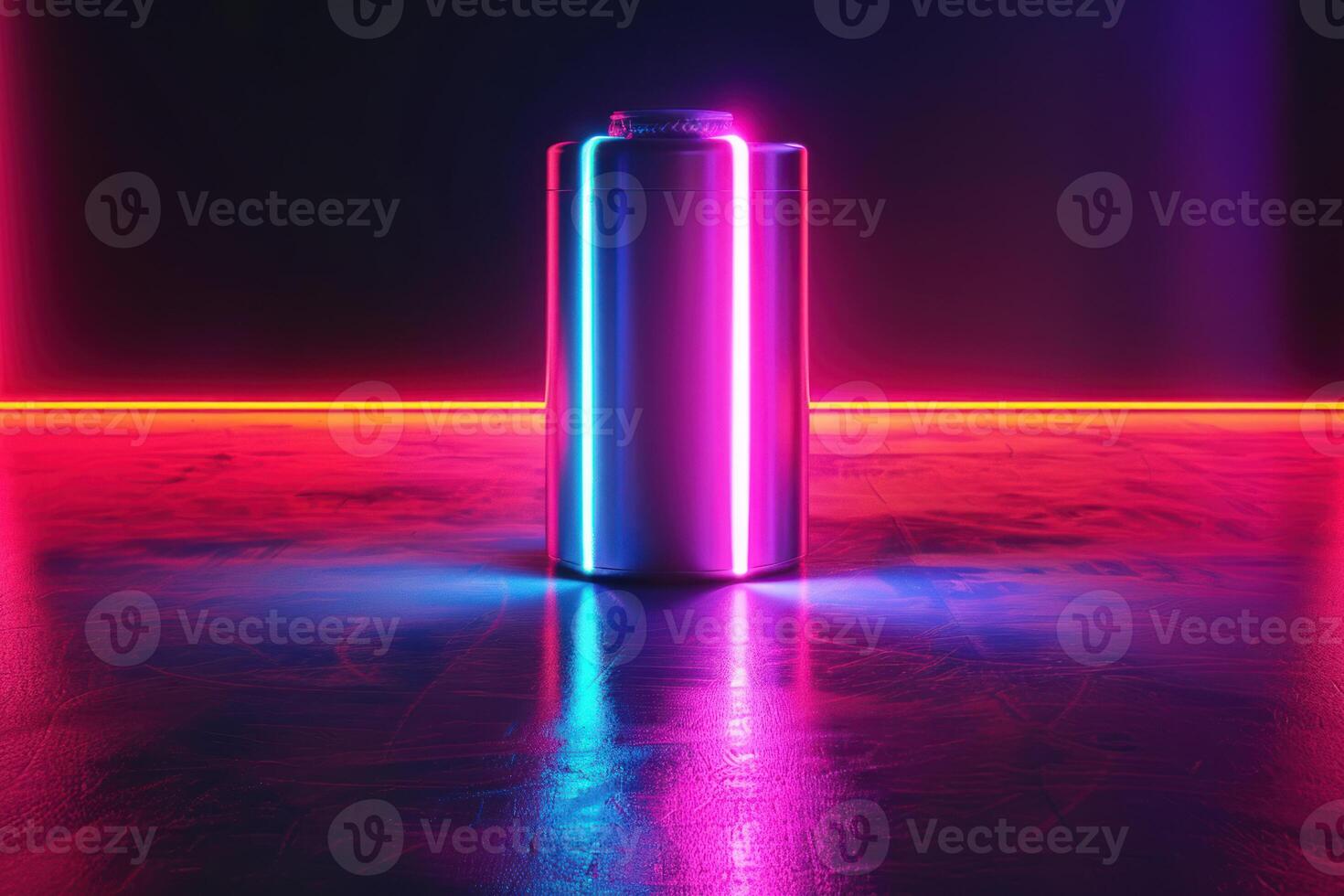 3d render of a glowing battery in neon lights with a dark, reflective surface photo