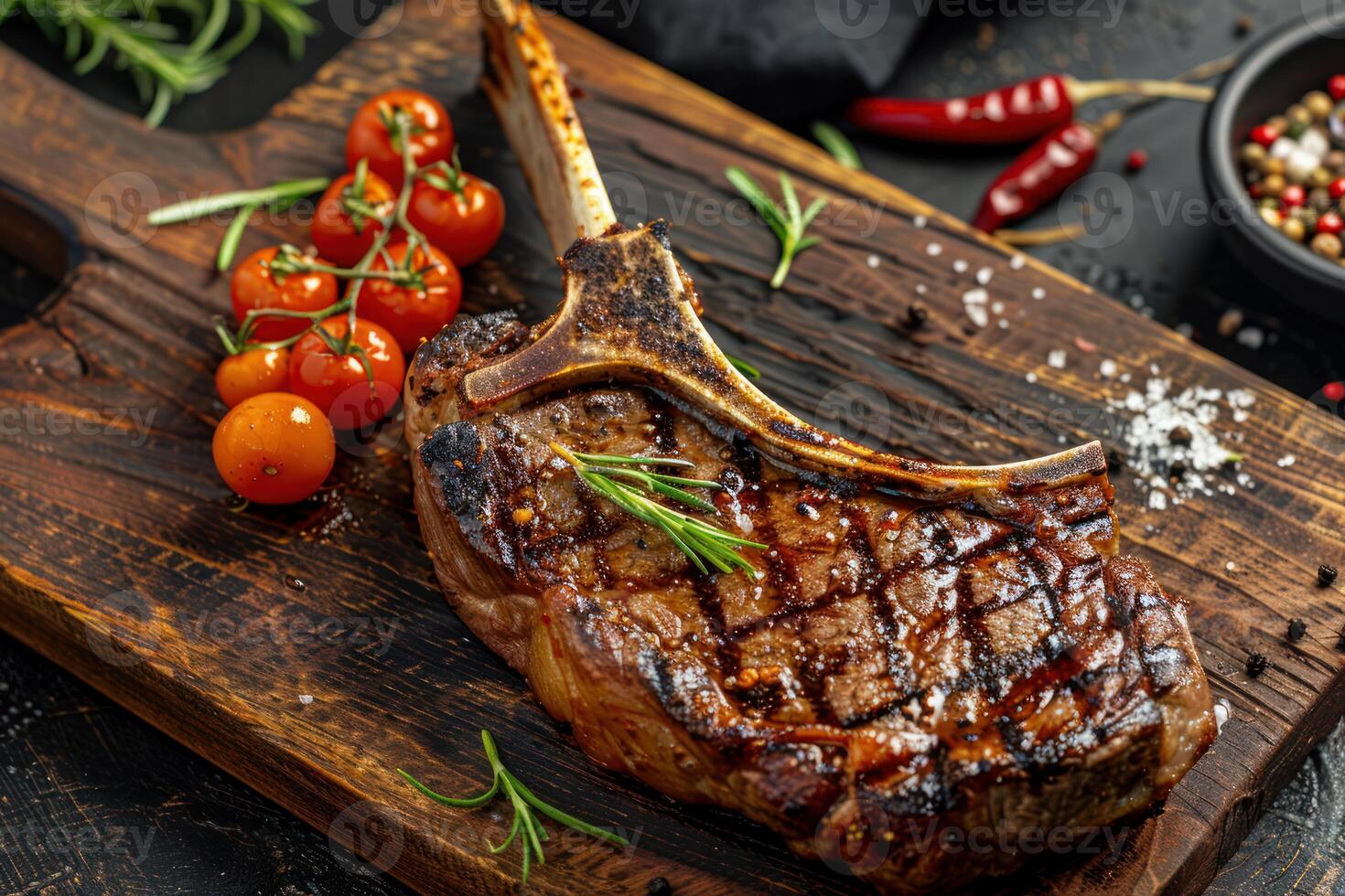 Grilled tomahawk steak on wooden board photo