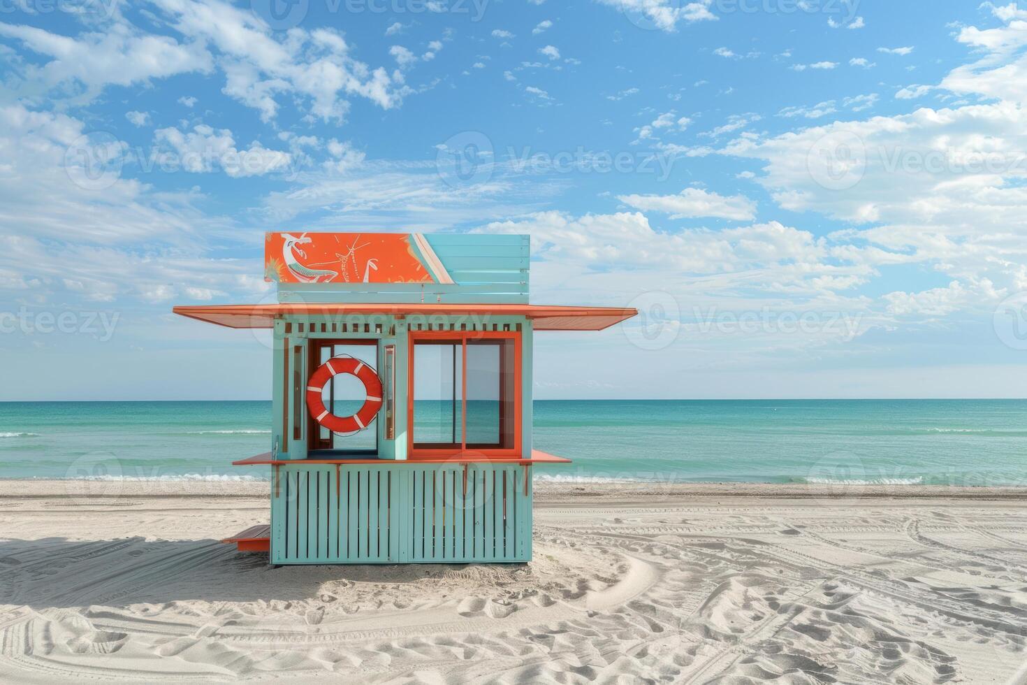 Colorful lifeguard tower on sunny beach photo
