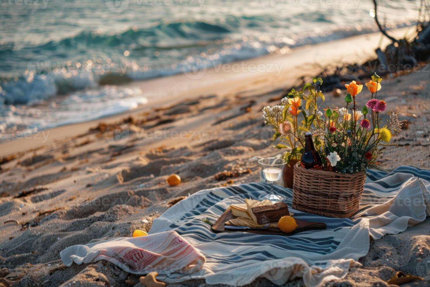 Sunset beach picnic with wine and flowers photo