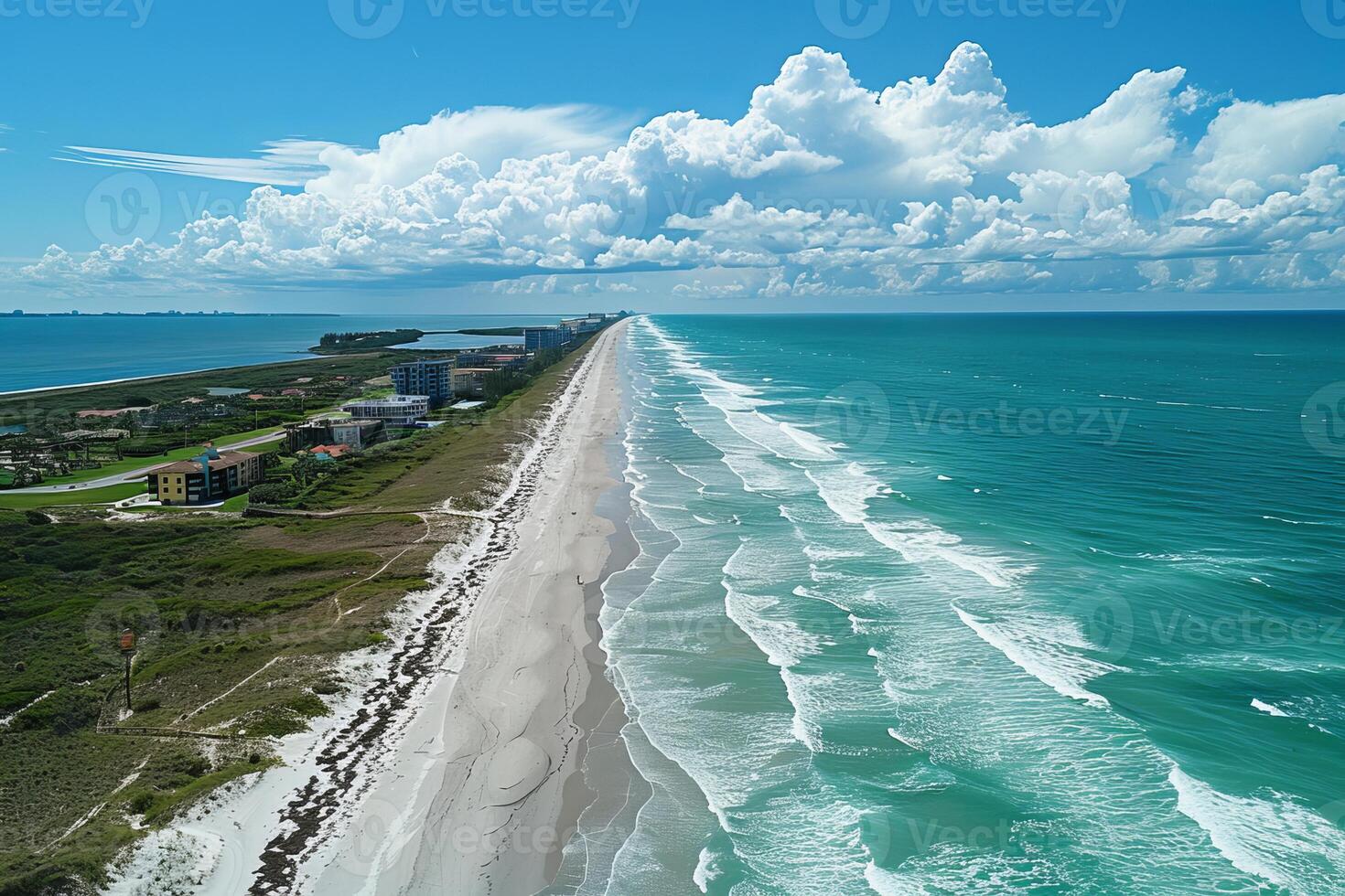 Aerial view of pristine beach with cumulus clouds photo