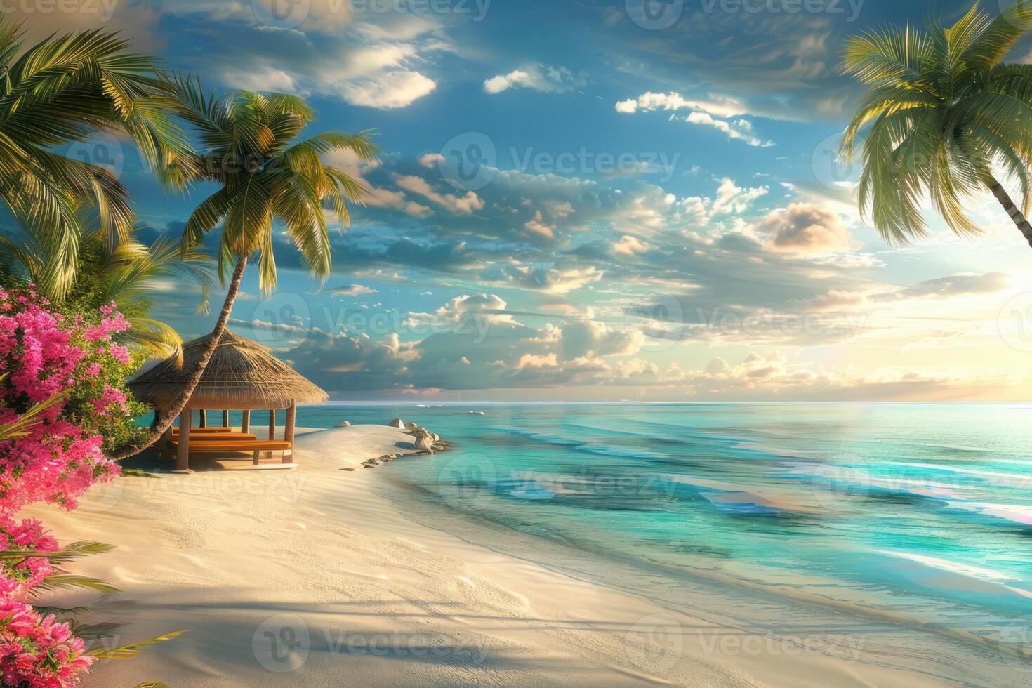 Tropical beach paradise at sunset photo