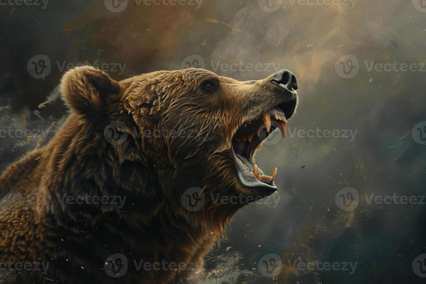 Large brown bear showing teeth and roaring in a cloud of dust photo