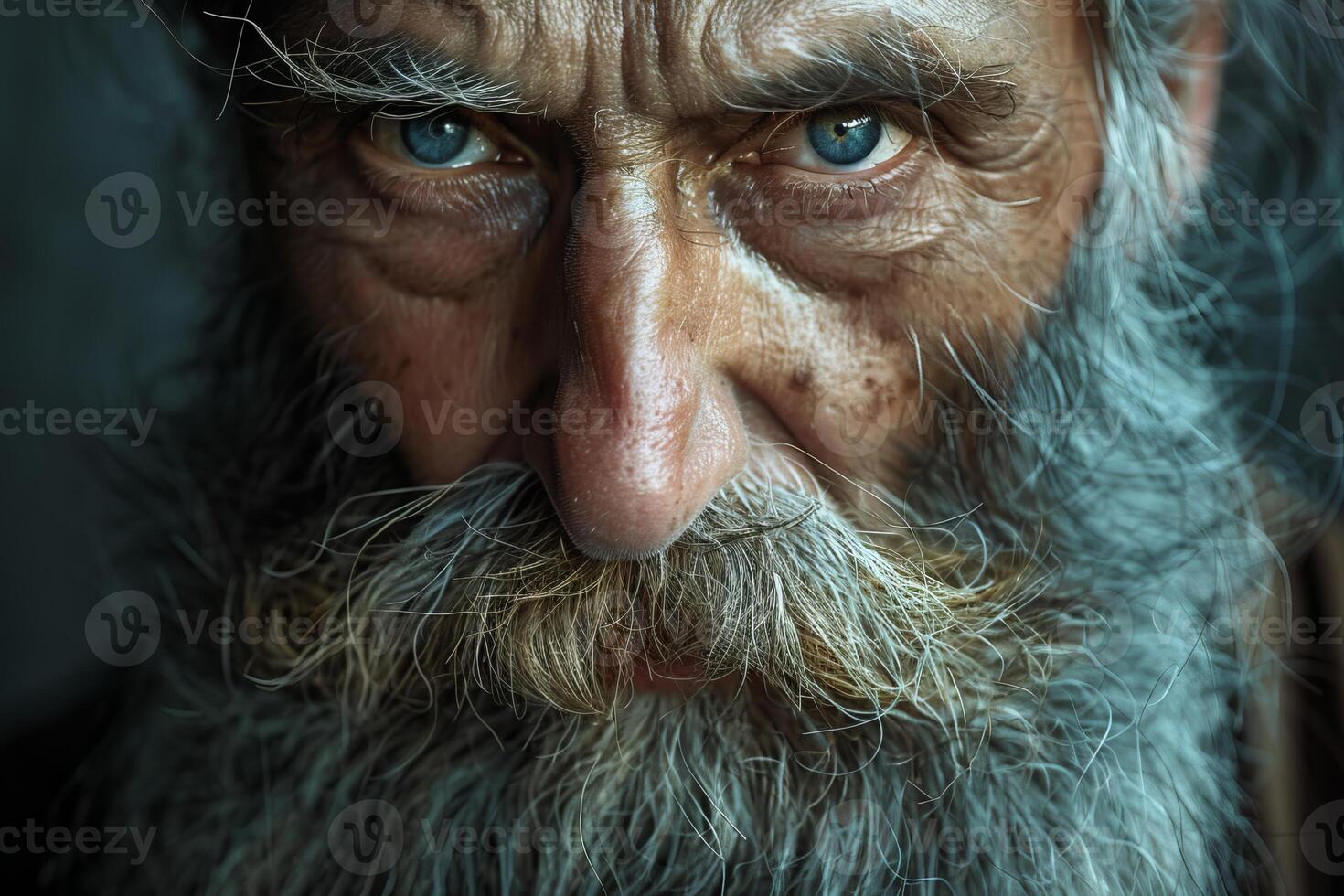 Senior man with white beard and blue eyes is staring at viewer photo