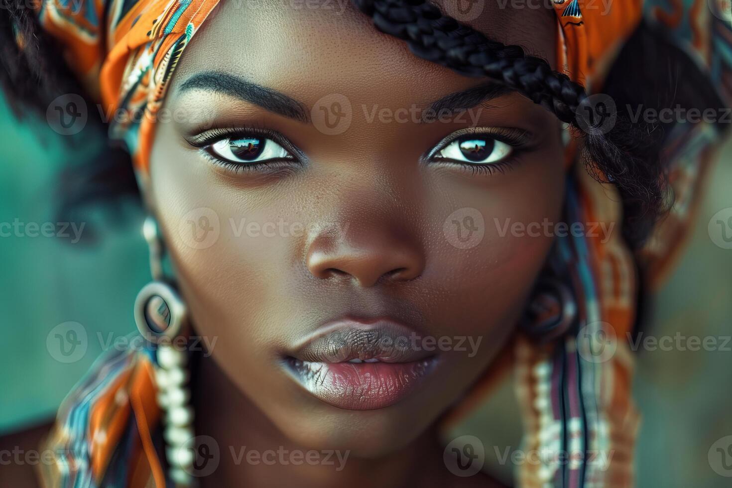 Young black woman with headscarf posing with intense eyes photo