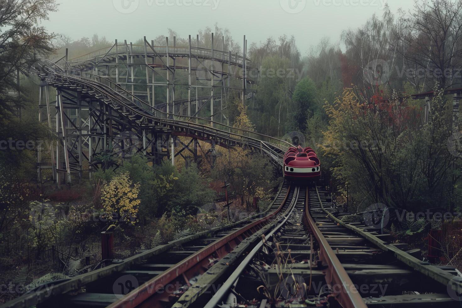 Red rollercoaster cart approaching on tracks in abandoned amusement park on foggy day photo
