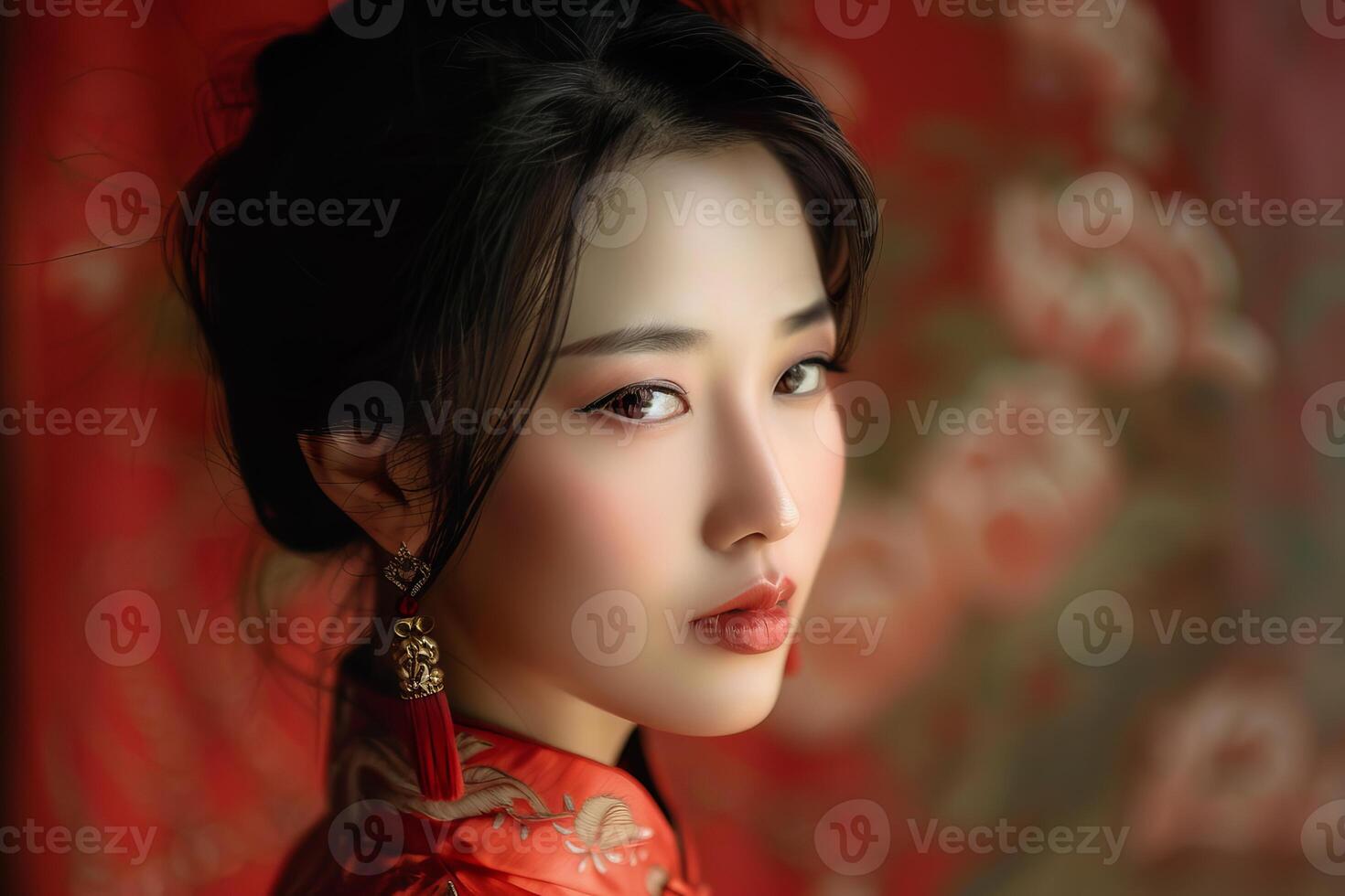 Beautiful chinese woman wearing traditional red dress posing in front of floral background photo