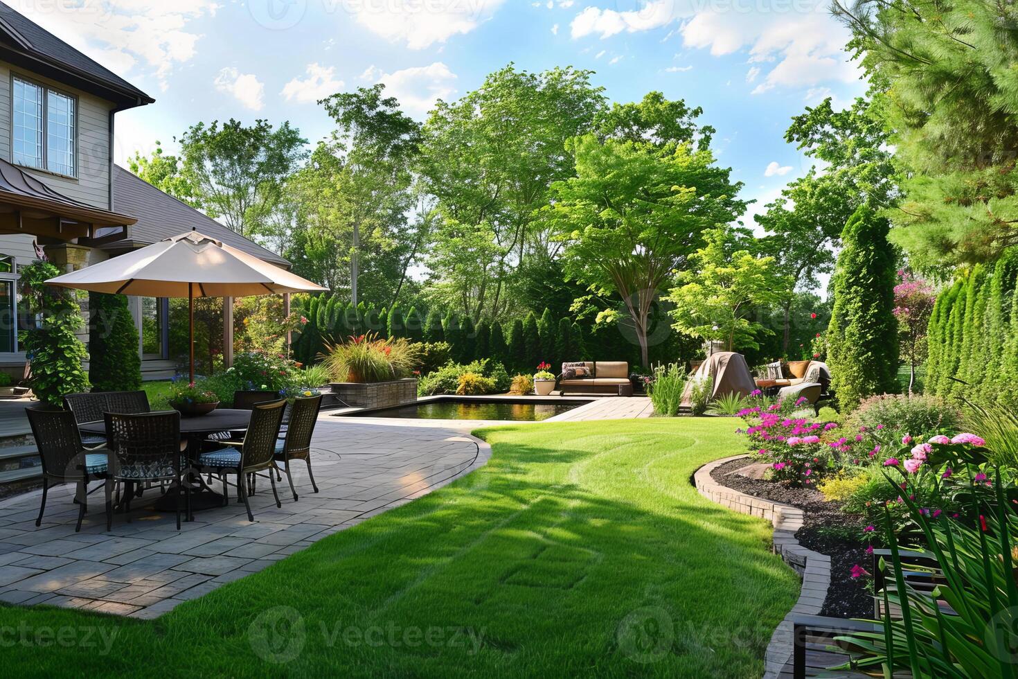 Backyard of a beautiful home with swimming pool and landscaped garden on a sunny day photo