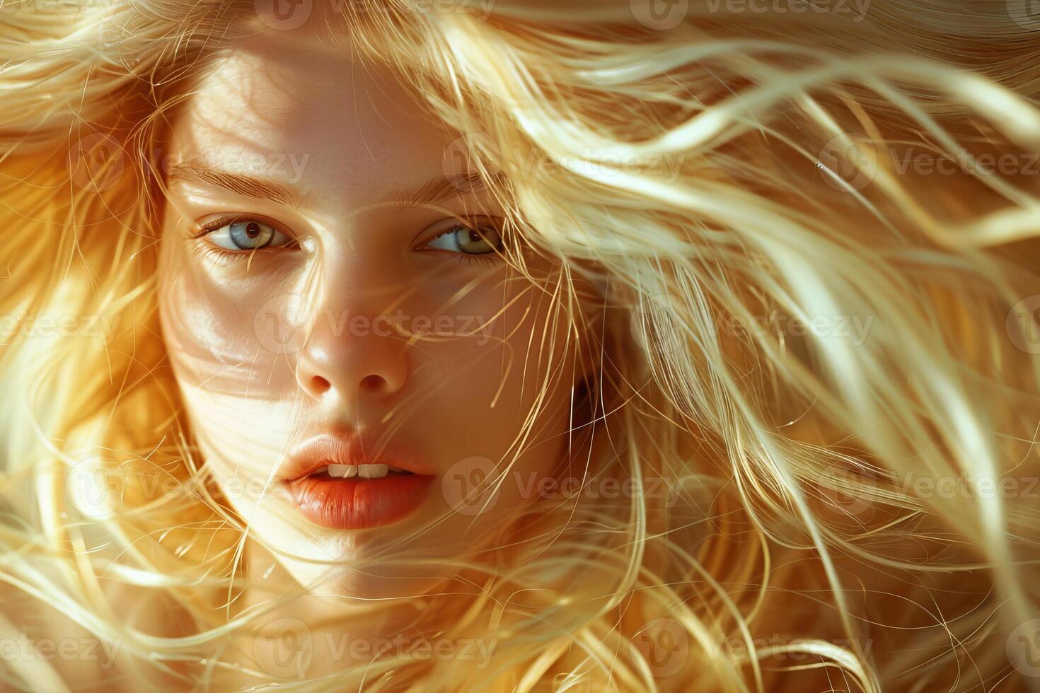 Young woman is basking in the sun, her long blonde hair blowing gently in the wind photo