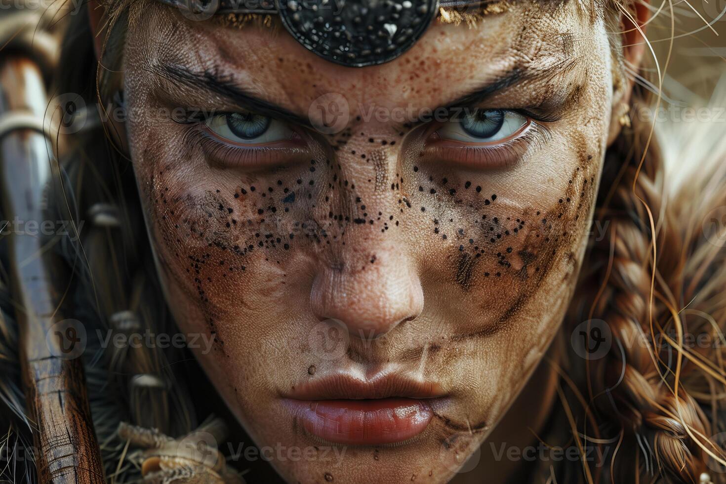 Warrior woman with dirty face and blue eyes looking determined photo