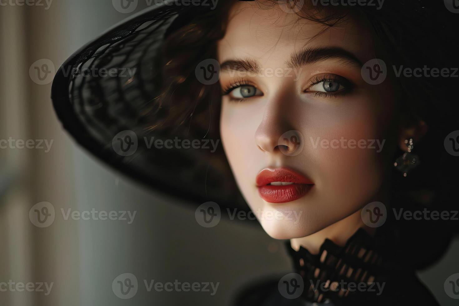 Beautiful woman with red lipstick wearing black hat and dress posing in studio photo