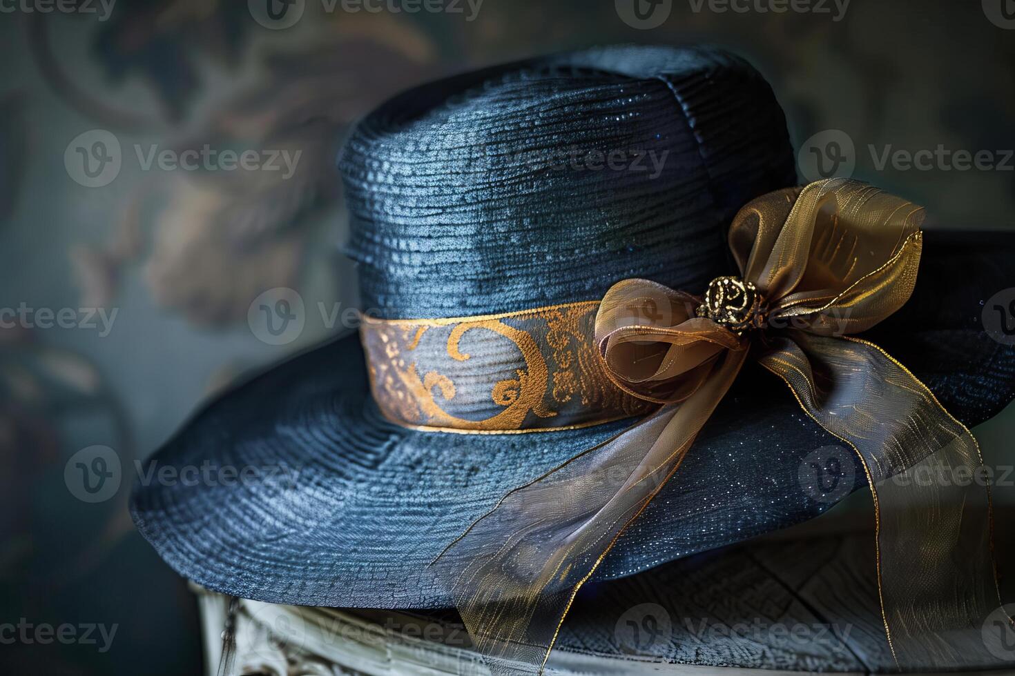 Elegant blue hat with gold ribbon and bow on antique table photo