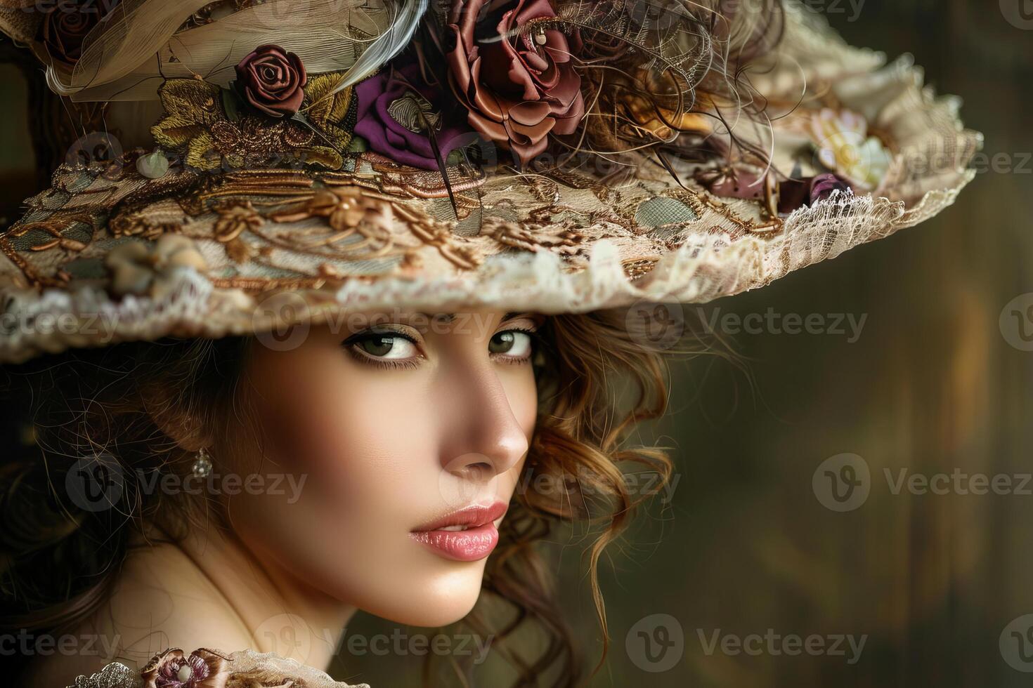 Beautiful woman wearing big vintage hat with roses posing in studio photo