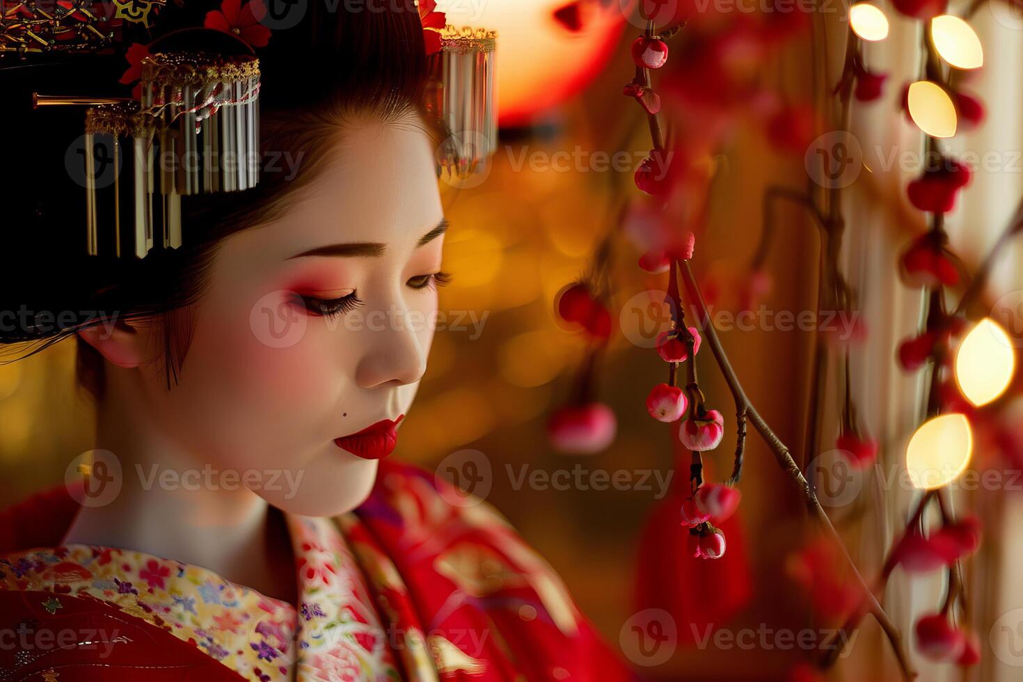 Geisha with red lipstick and traditional white makeup posing near a plum tree branch with red flowers photo
