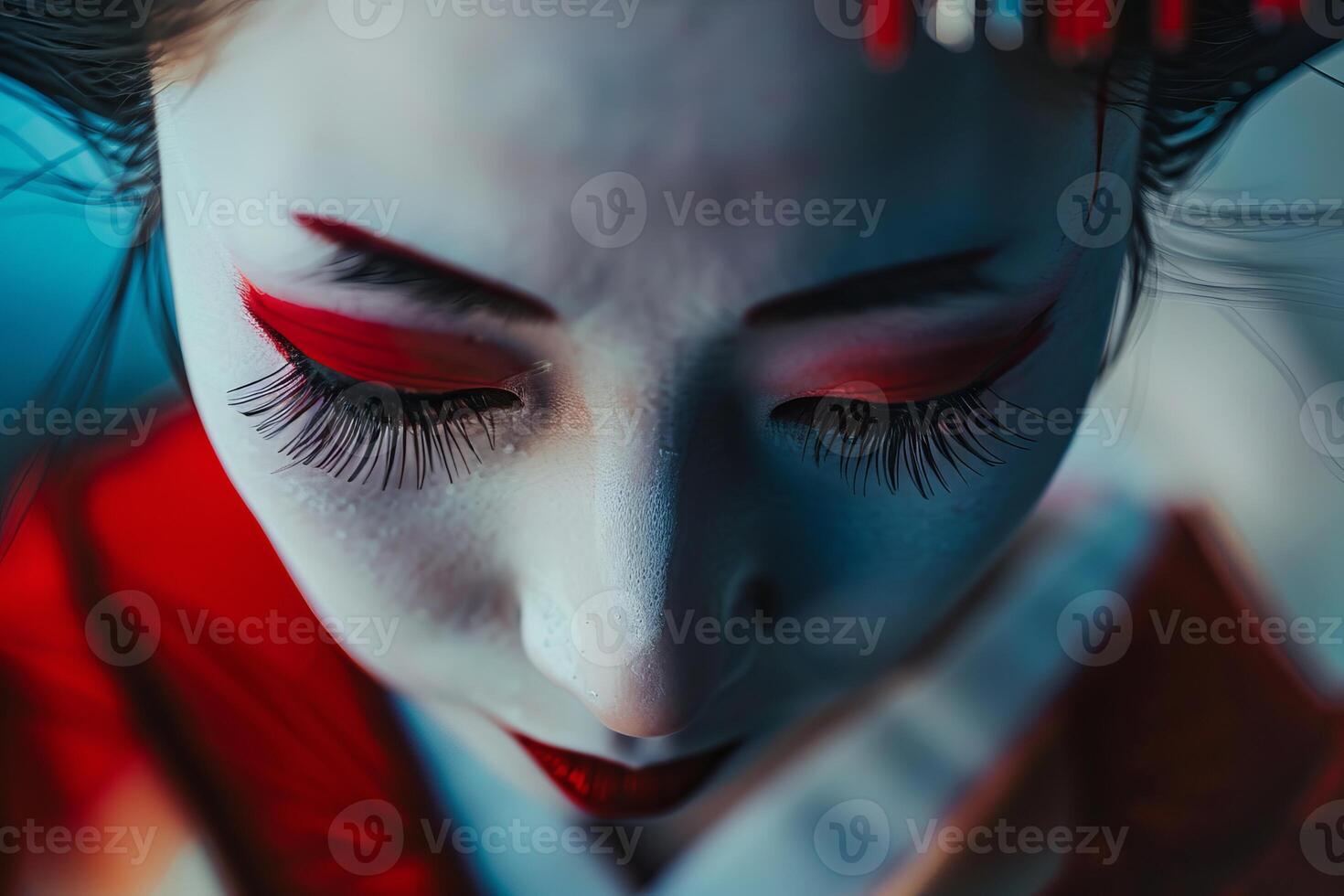 joven japonés mujer con tradicional maquillaje y kimono mirando abajo foto