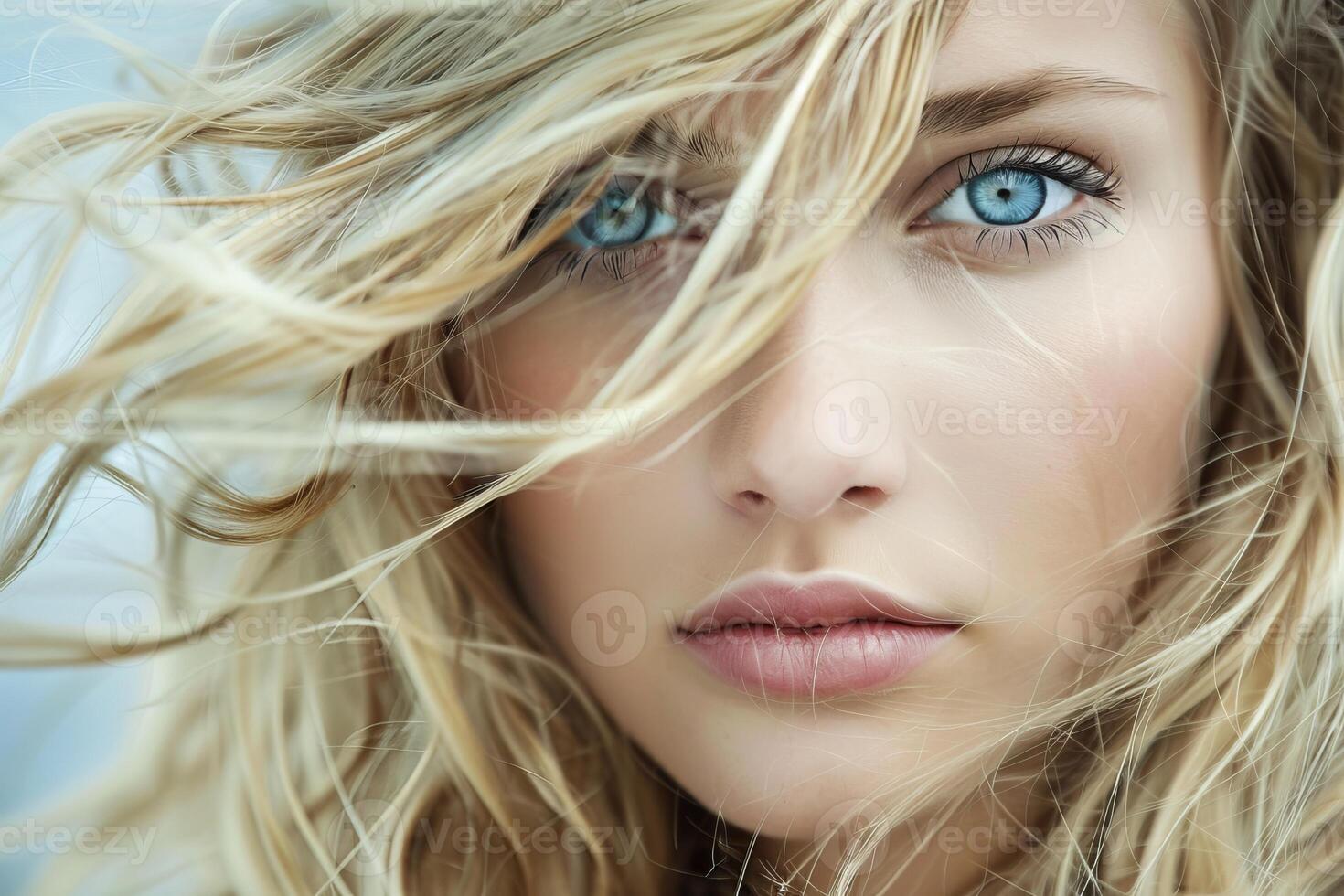 Beautiful blond woman with blue eyes and wind blowing hair is posing outside photo