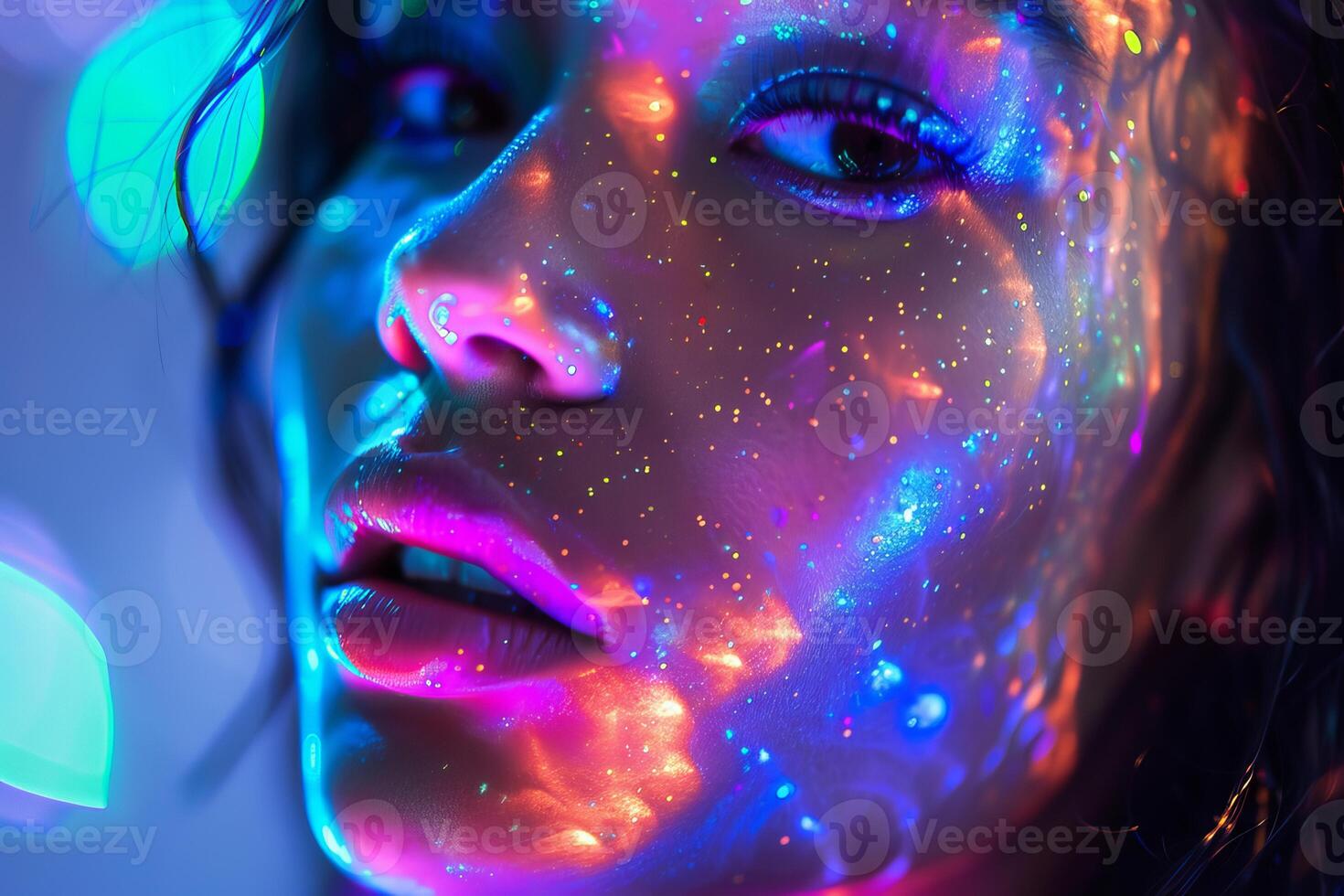 Young woman with neon paint posing under blacklight photo