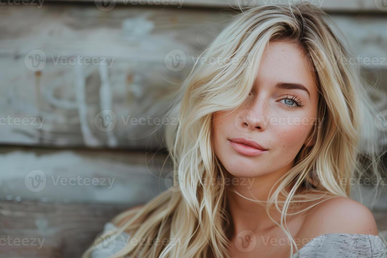 Beautiful blond woman with blue eyes posing in front of wooden rustic wall photo