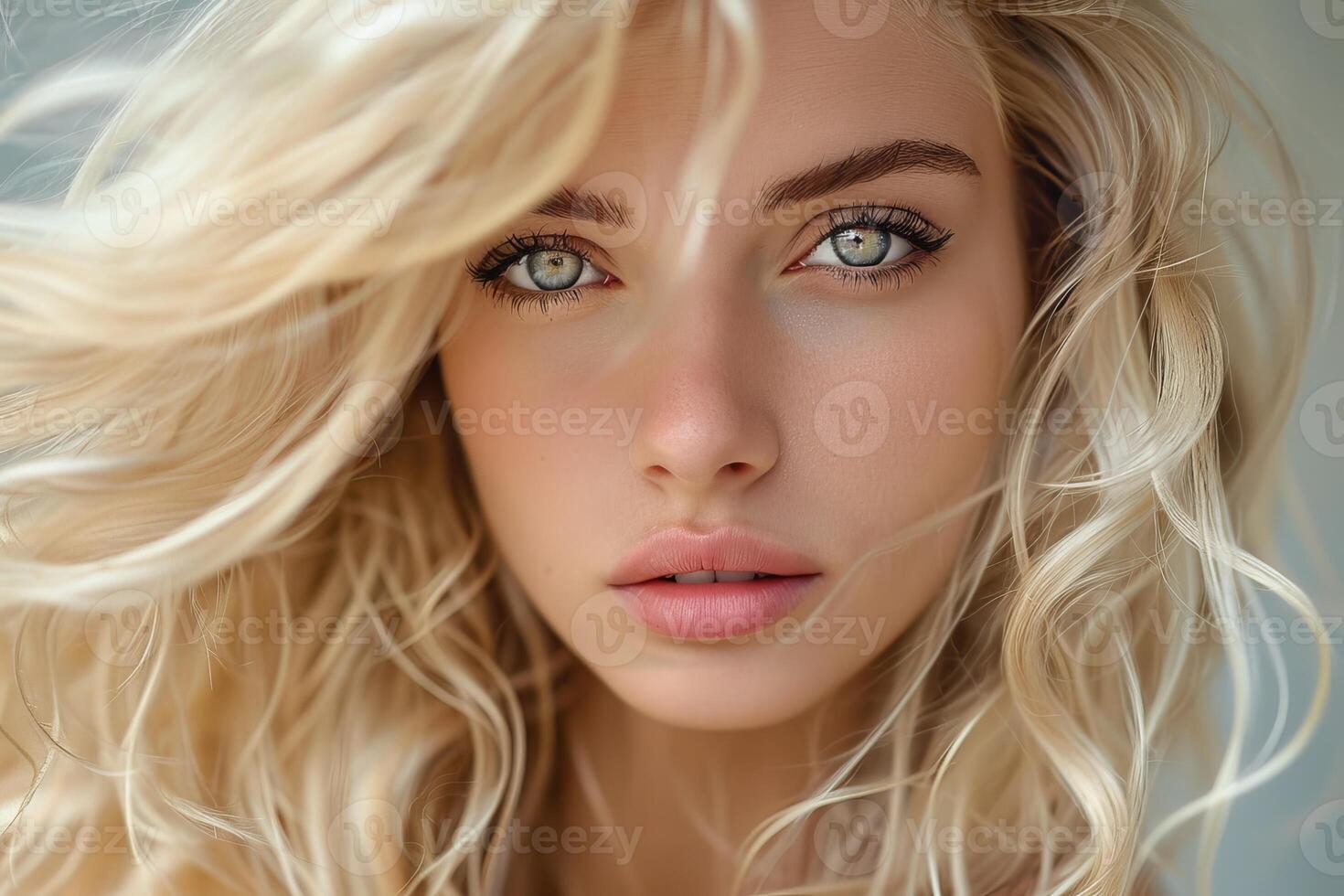 Beautiful blonde woman with long wavy hair posing in front of a white background photo