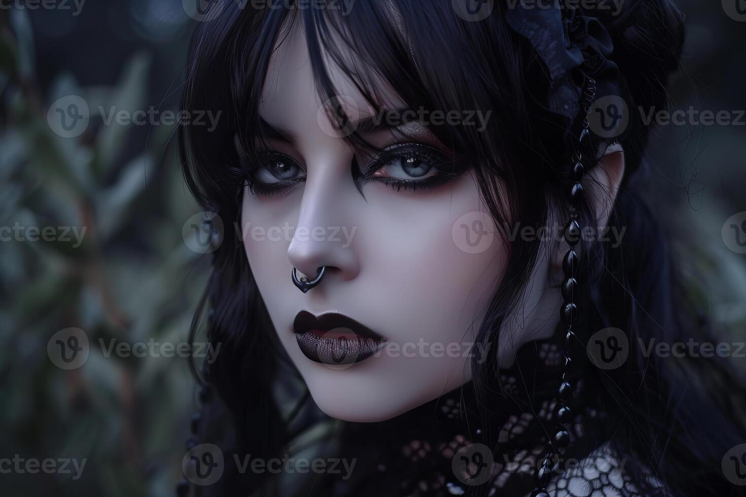 Young woman with dark makeup posing in a gothic photoshoot photo