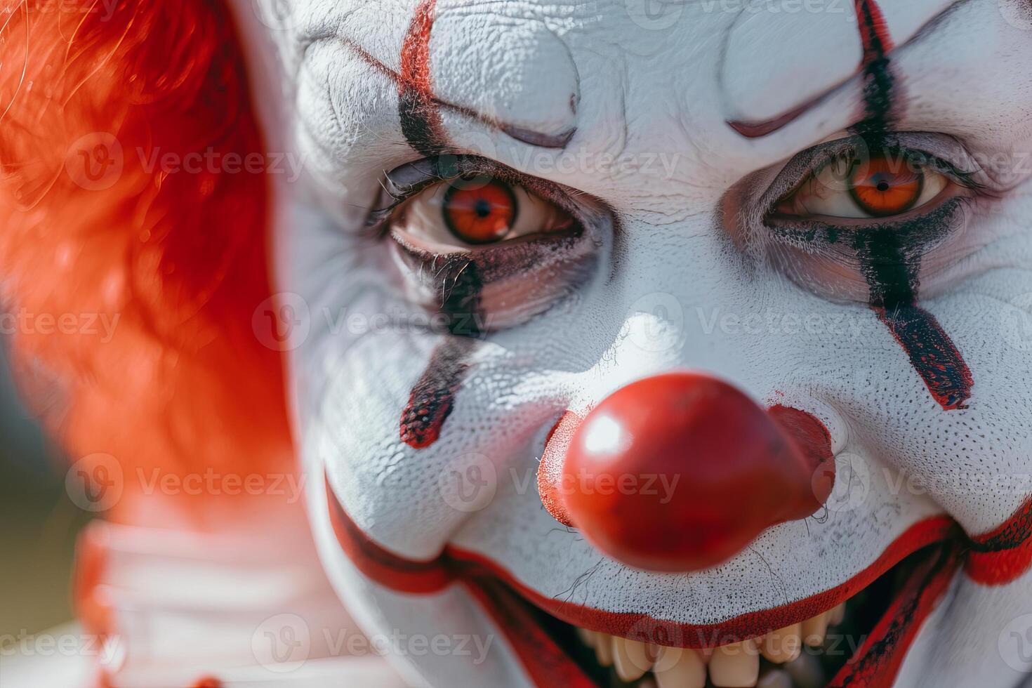 Scary clown with red hair and red nose smiling showing teeth photo
