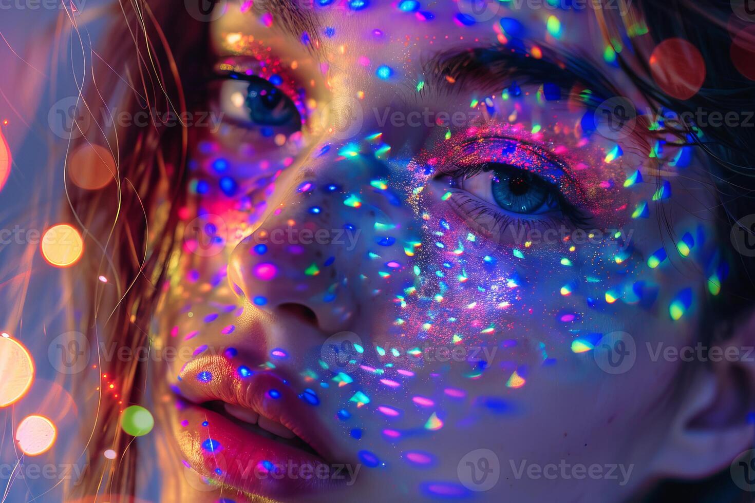 Young woman with neon makeup posing under disco lights photo