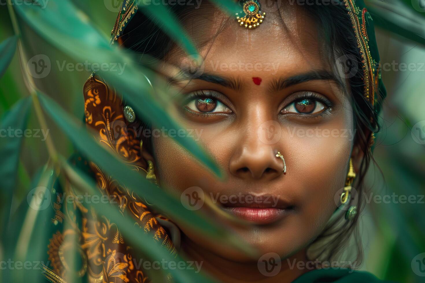 Beautiful indian woman with traditional clothes and jewelry posing in nature photo