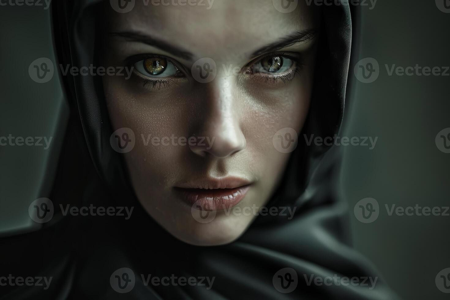 Young woman with intense eyes wearing a black hood staring seriously photo