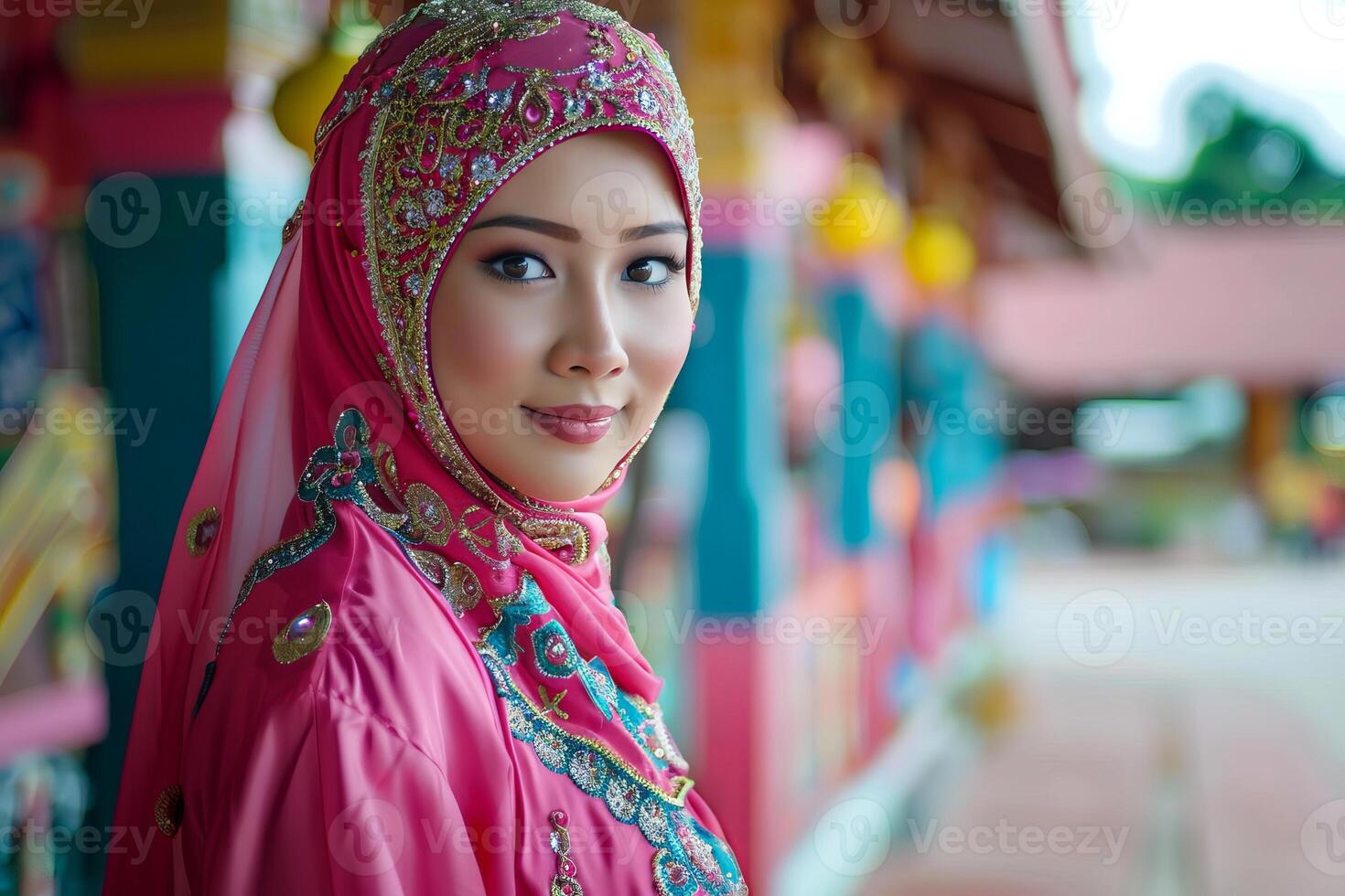 Young muslim woman wearing pink hijab standing in a temple photo