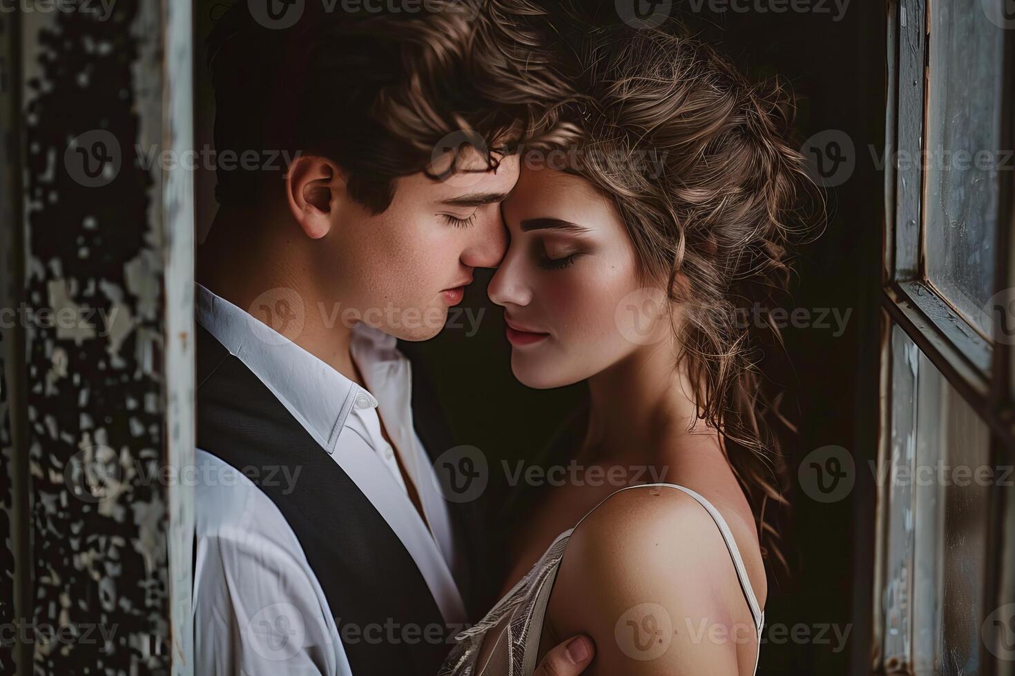 Young couple sharing a romantic moment, embracing in rustic window light photo