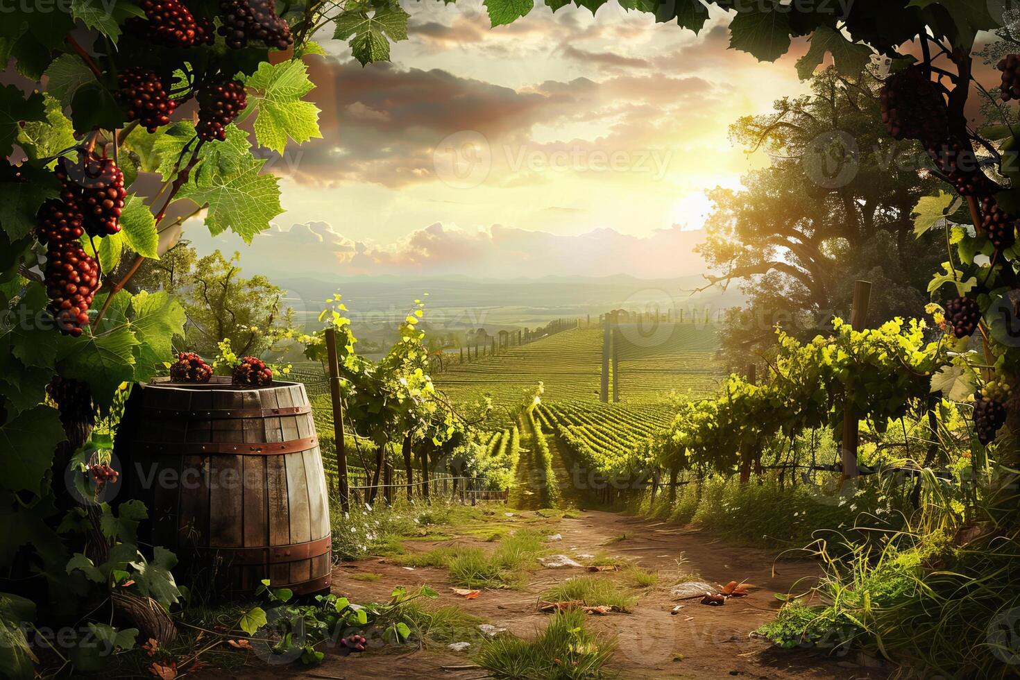 Old wooden wine barrel standing on a path near grapes in the vineyard at sunset photo