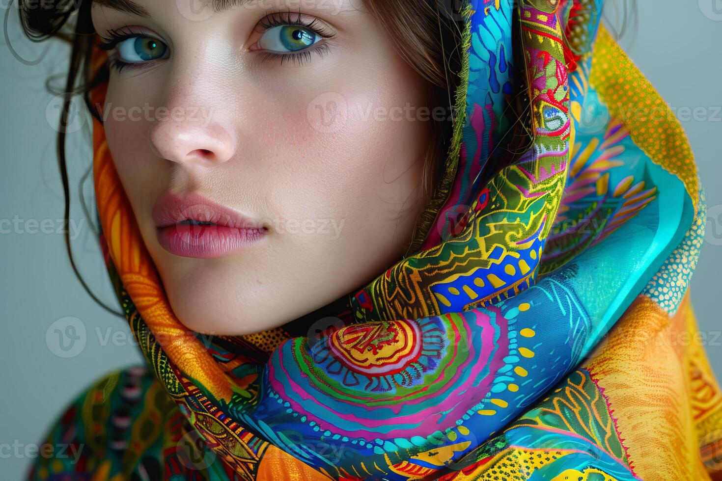 Beautiful caucasian woman posing with colorful scarf on head and looking serious photo