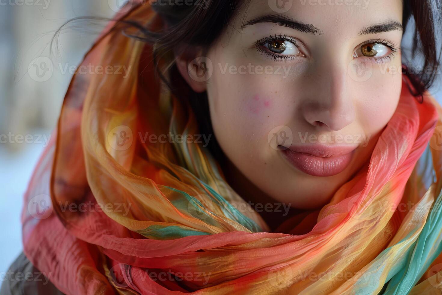 Beautiful young woman is wearing a colorful scarf on a cold, windy day photo