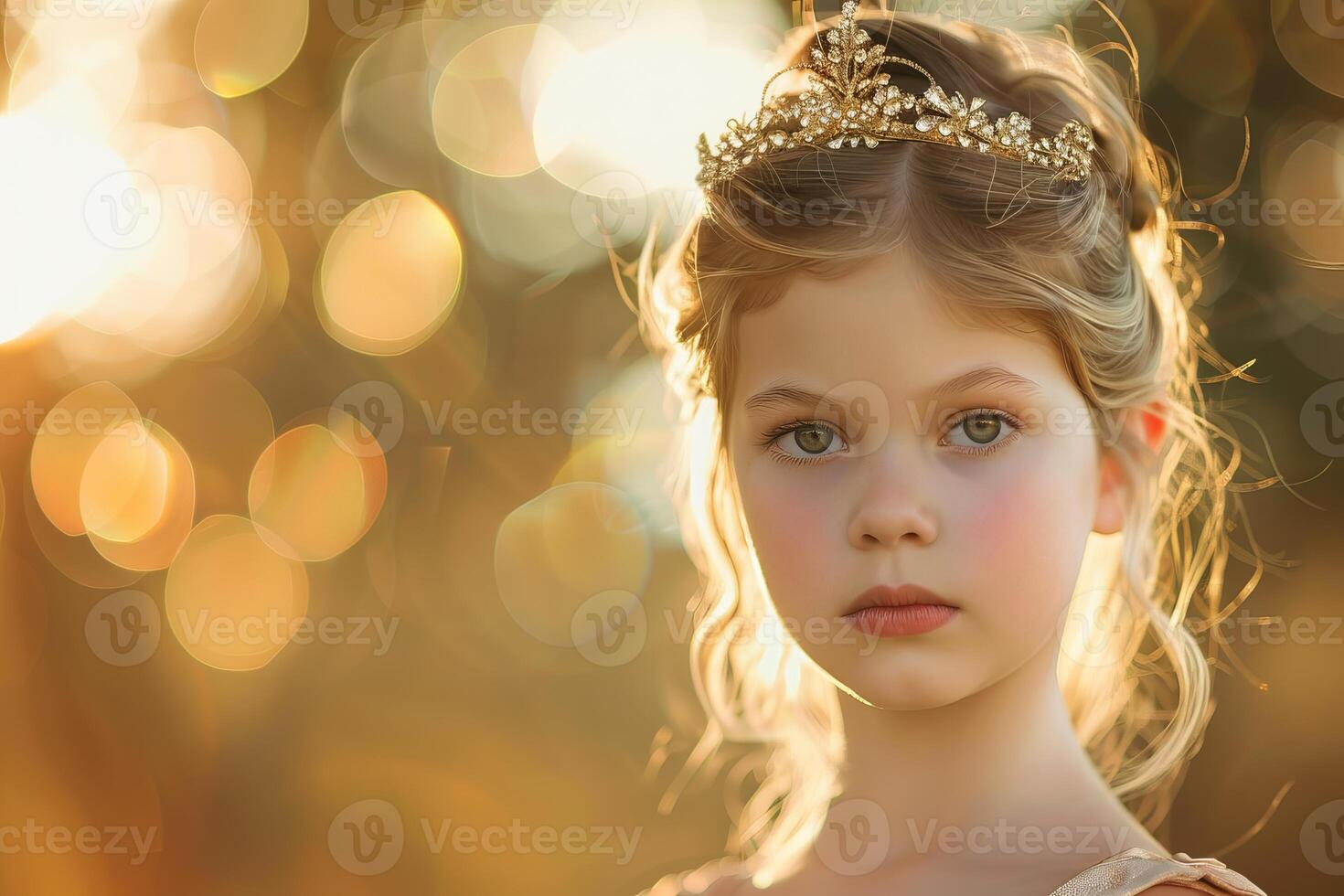 Young girl wearing tiara posing with backlit bokeh background during golden hour photo