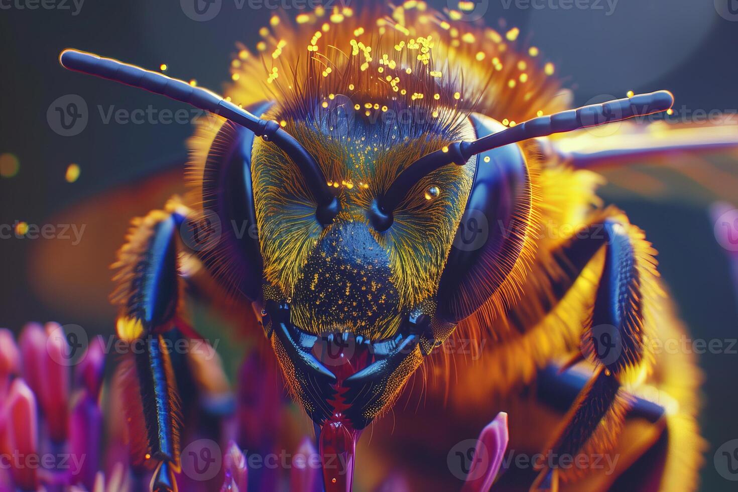 Honey bee covered in pollen gathering nectar from a flower close up photo