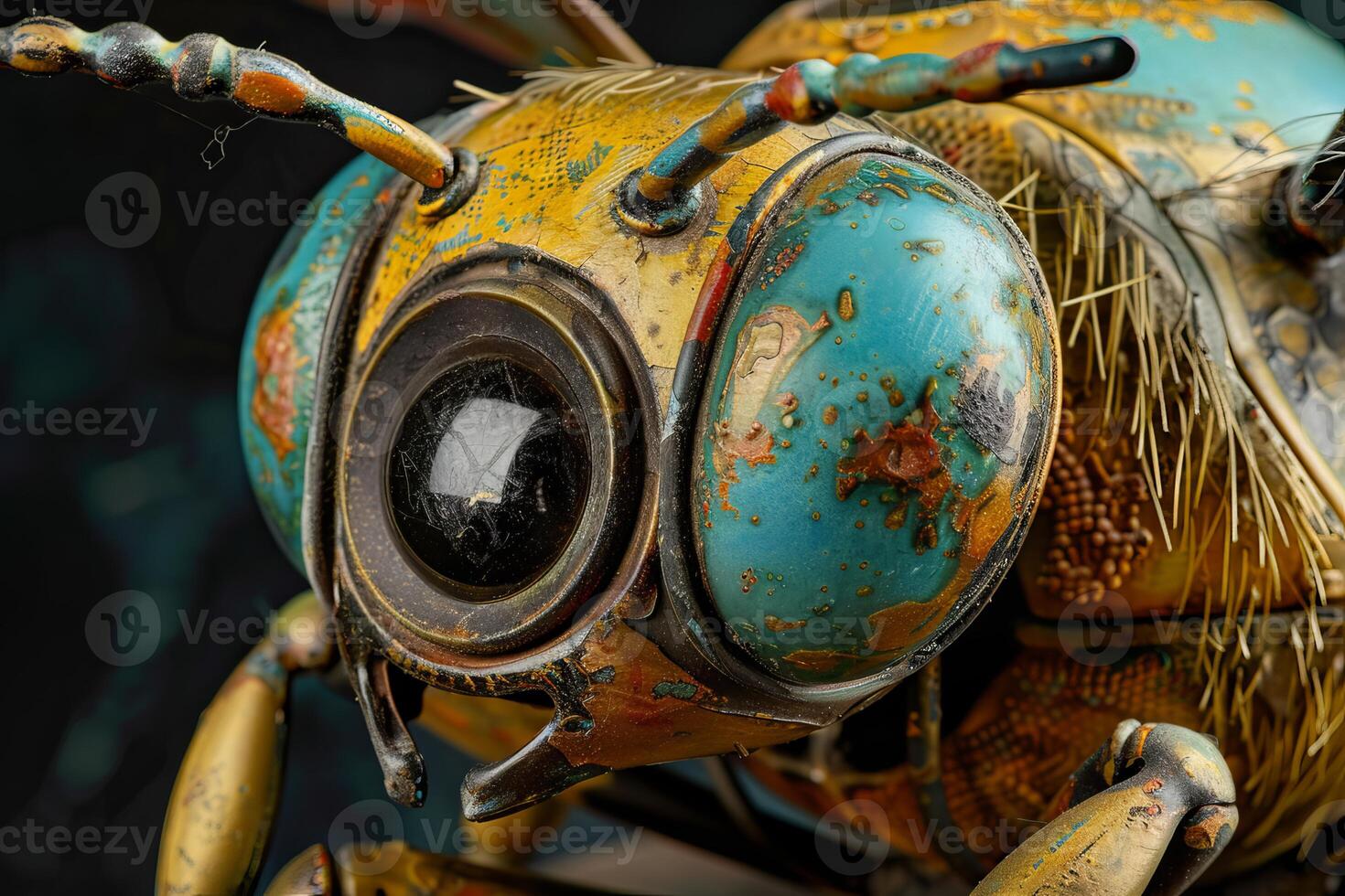 Rusty metallic bee posing with big blue eyes and golden details photo