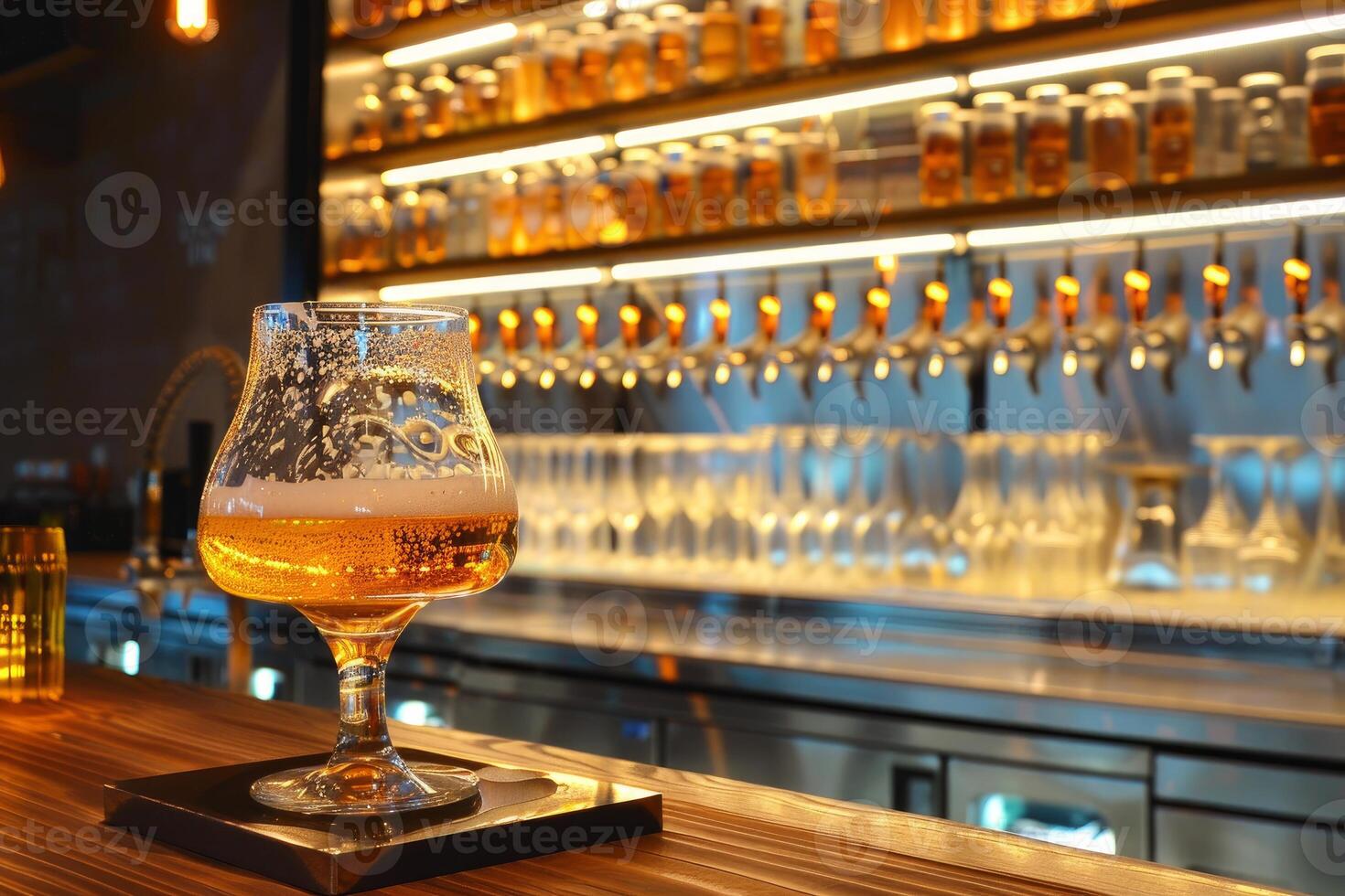 Glass of fresh light beer is standing on bar counter in modern pub photo