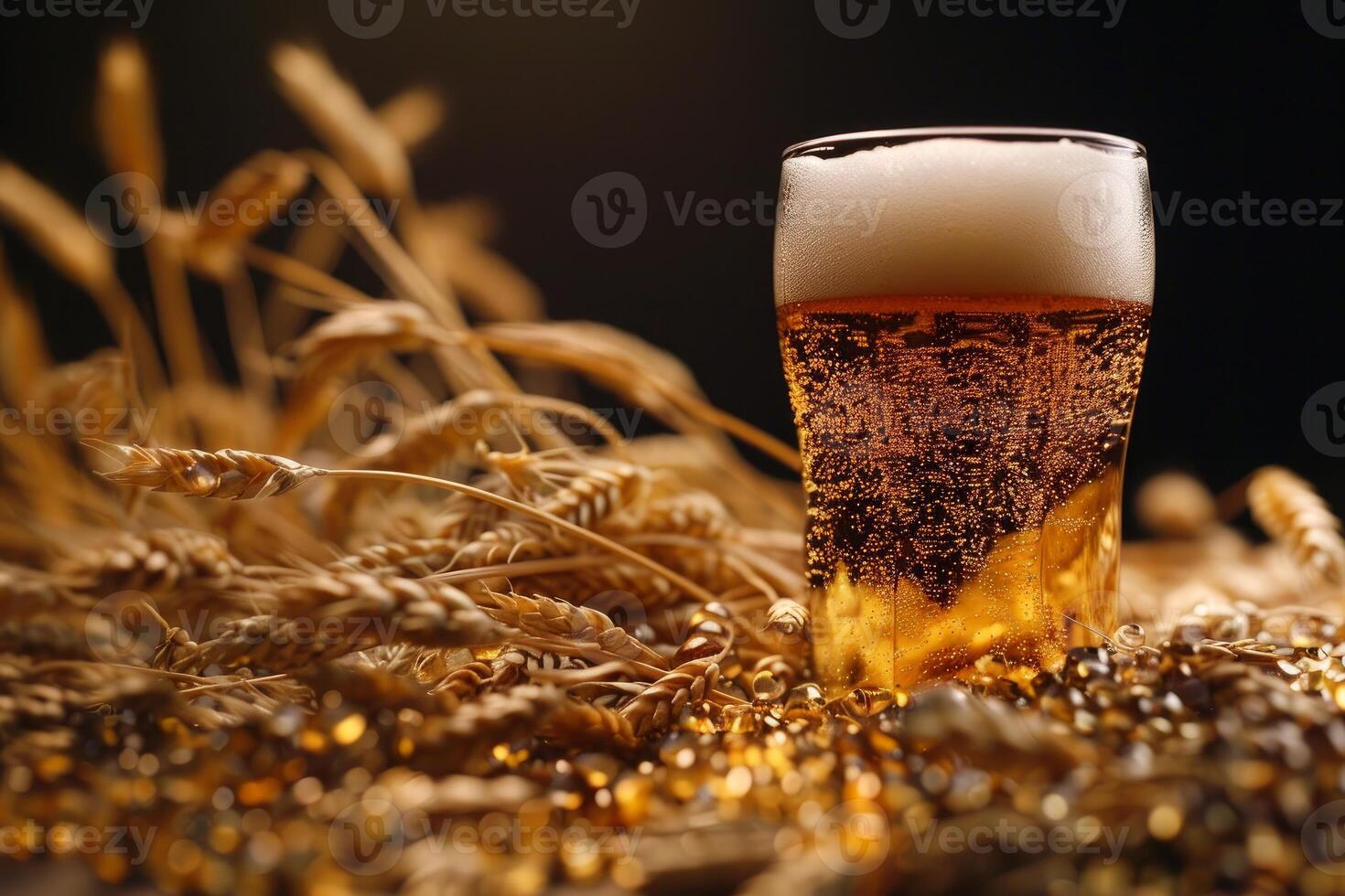 Close up of a glass of beer surrounded by wheat on a rustic wooden table photo