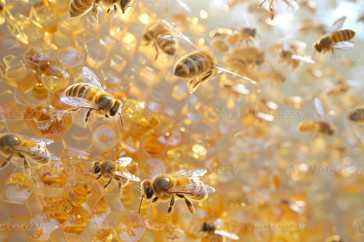Bees working on honeycomb in apiary producing honey photo
