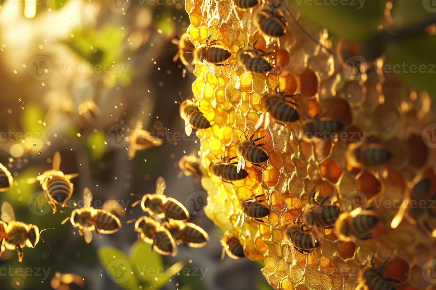 Swarm of bees working on honeycomb in golden light photo