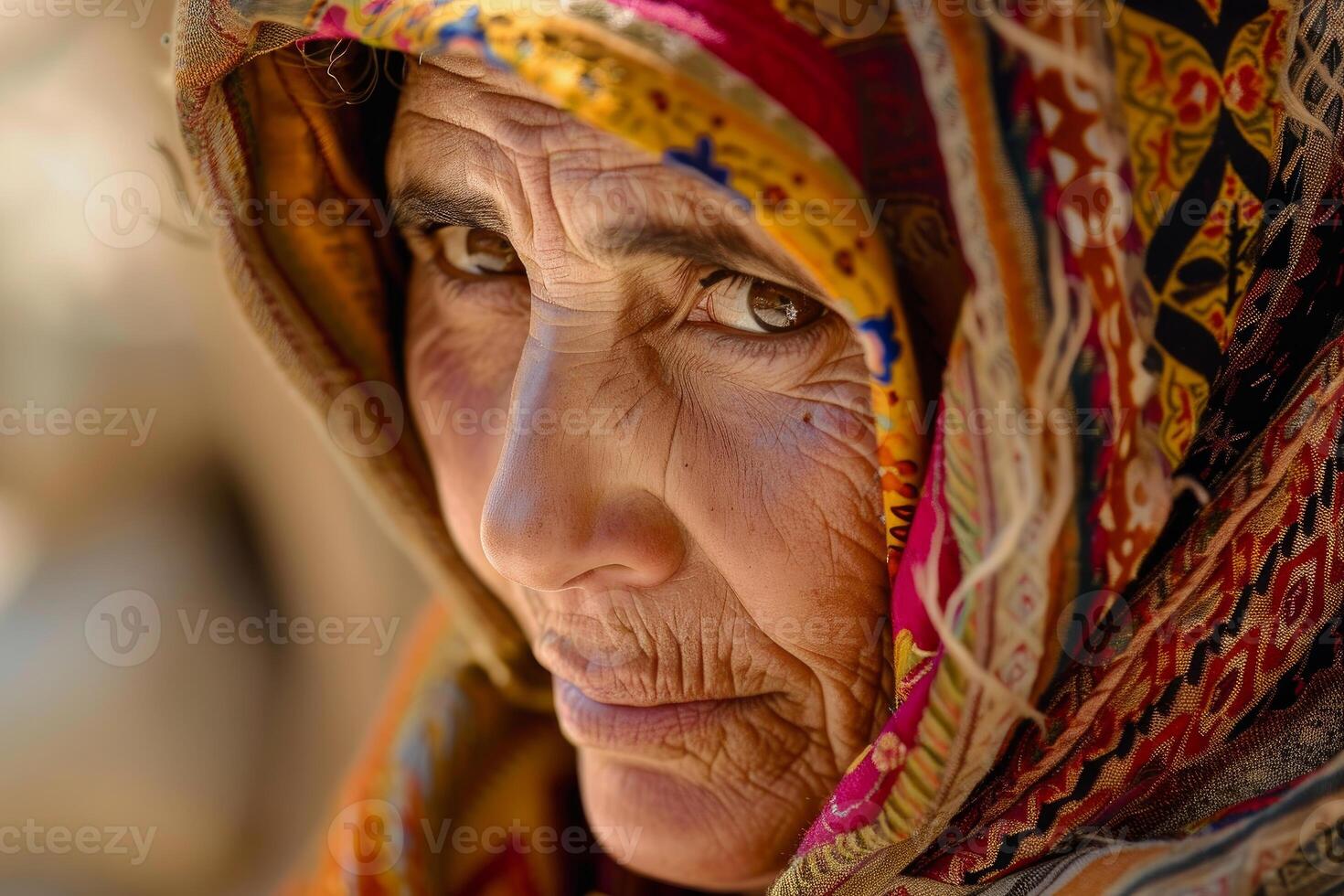 Elderly middle eastern woman with a headscarf looks away from the camera photo