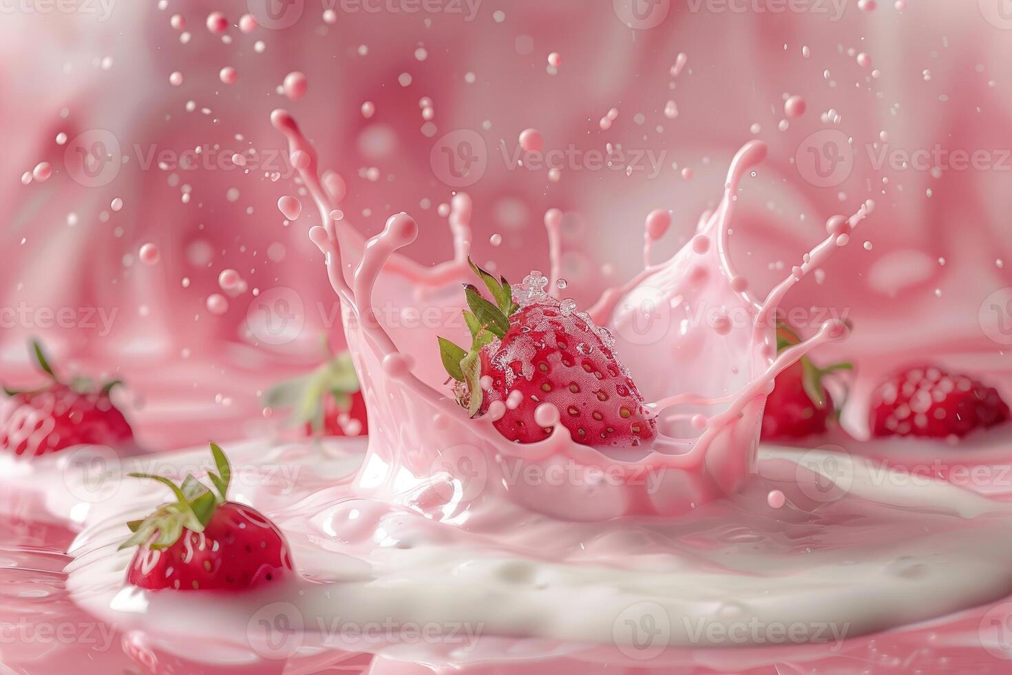 Fresh strawberry splashing into pink milkshake making a crown shape photo
