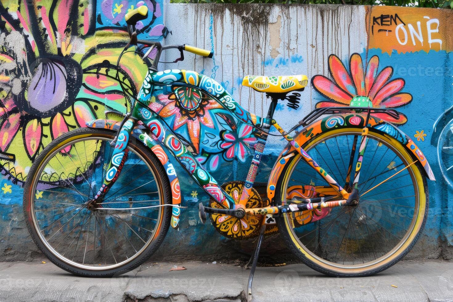 Colorful flower power bicycle parked in front of a graffiti wall photo