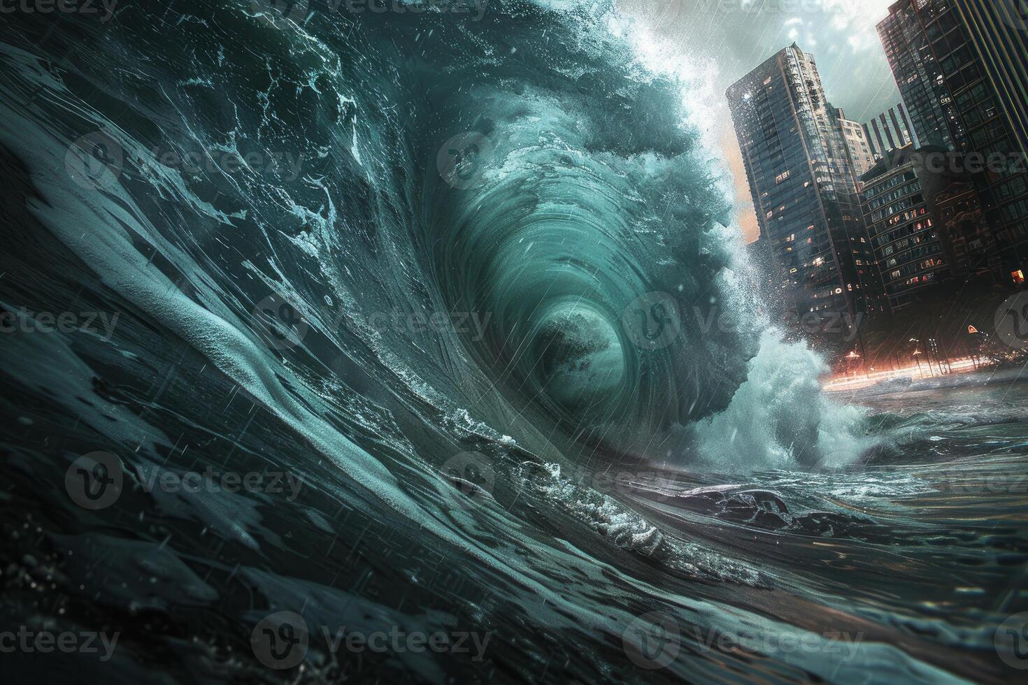 Giant ocean wave crashing in a destructive tsunami near the coastline of a city photo