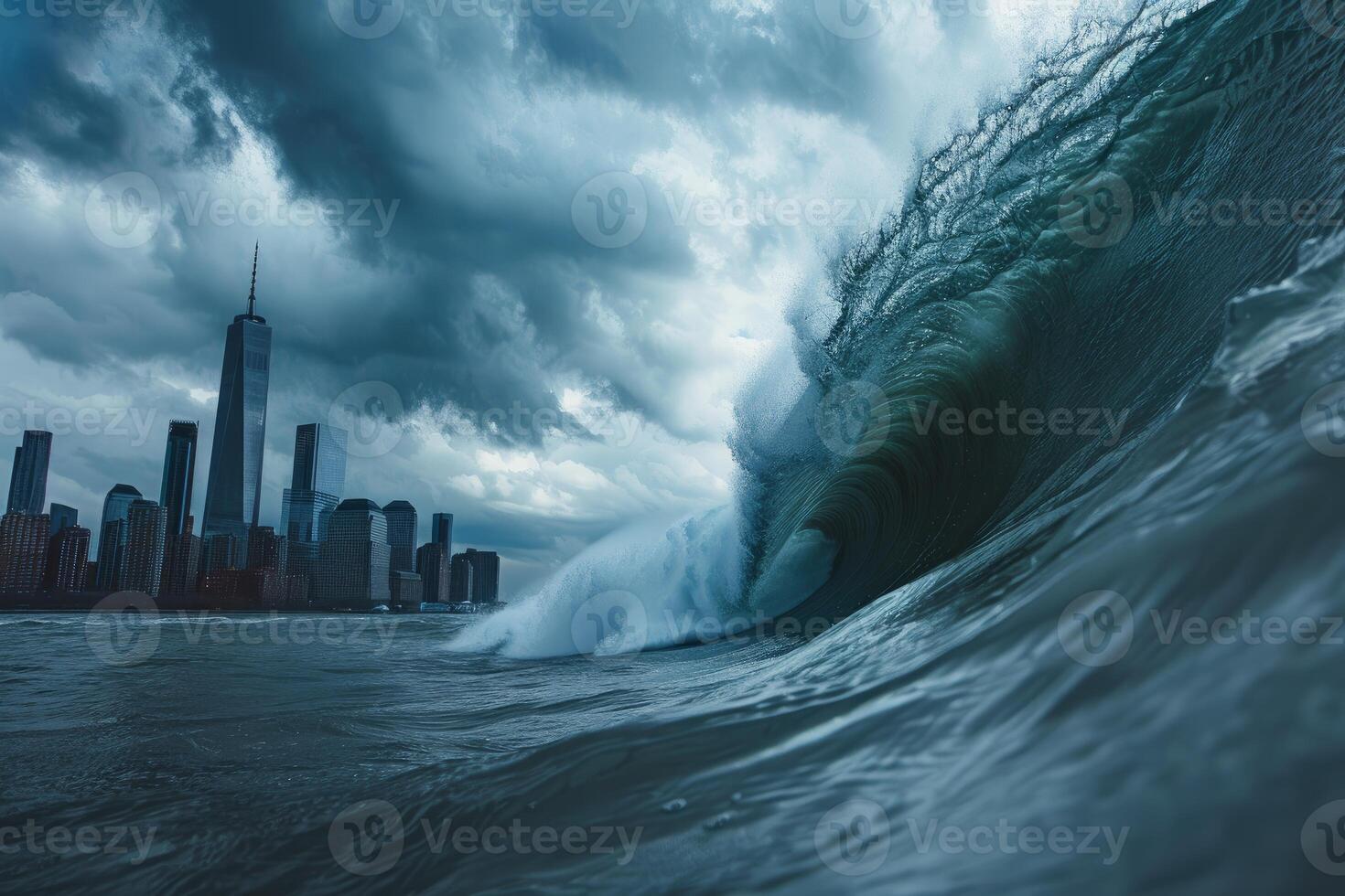 Giant wave forming in the ocean with city skyline in background photo