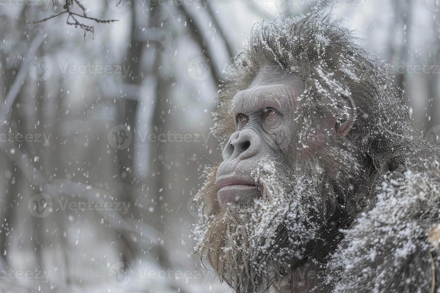Bigfoot covered with snow looking up during snowfall in a snowy forest photo