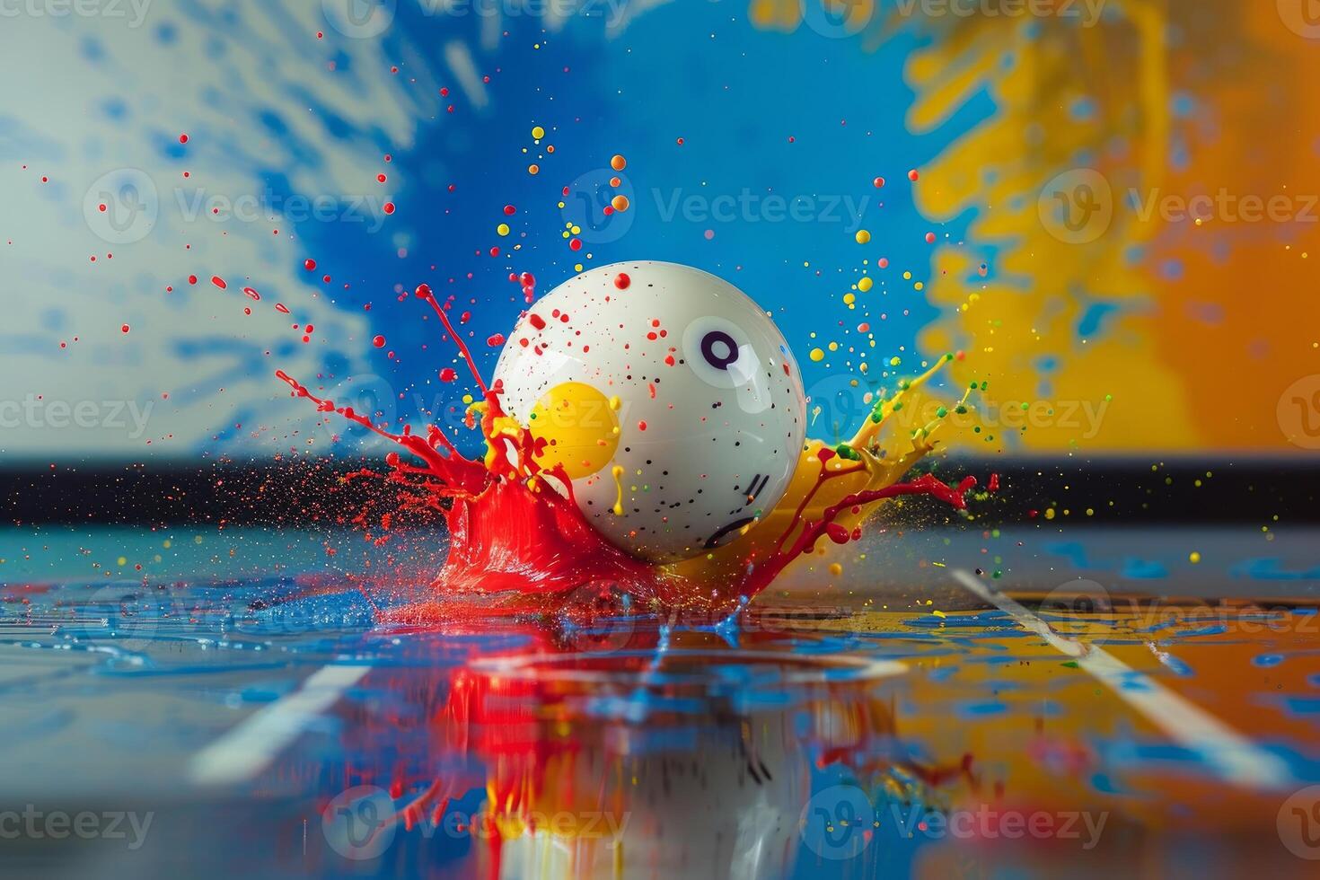 Colorful paint splashing on a white ball on a reflective surface photo